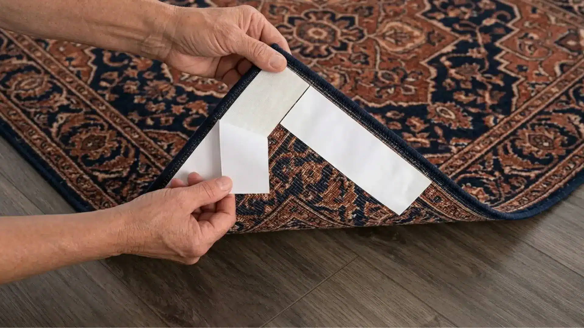 double sided tape applied under corner of navy and rust patterned area rug