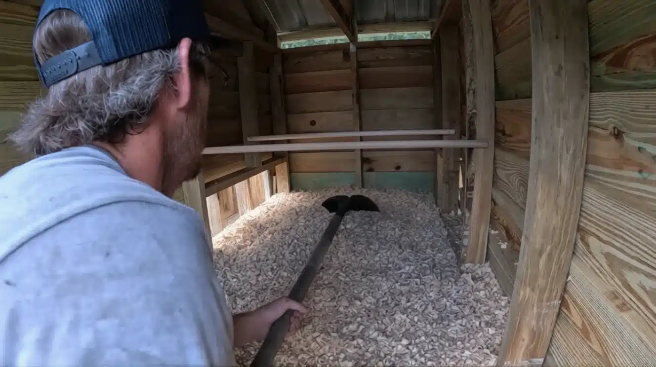 dowel roosts added, shavings spread, chickens introduced to the coop