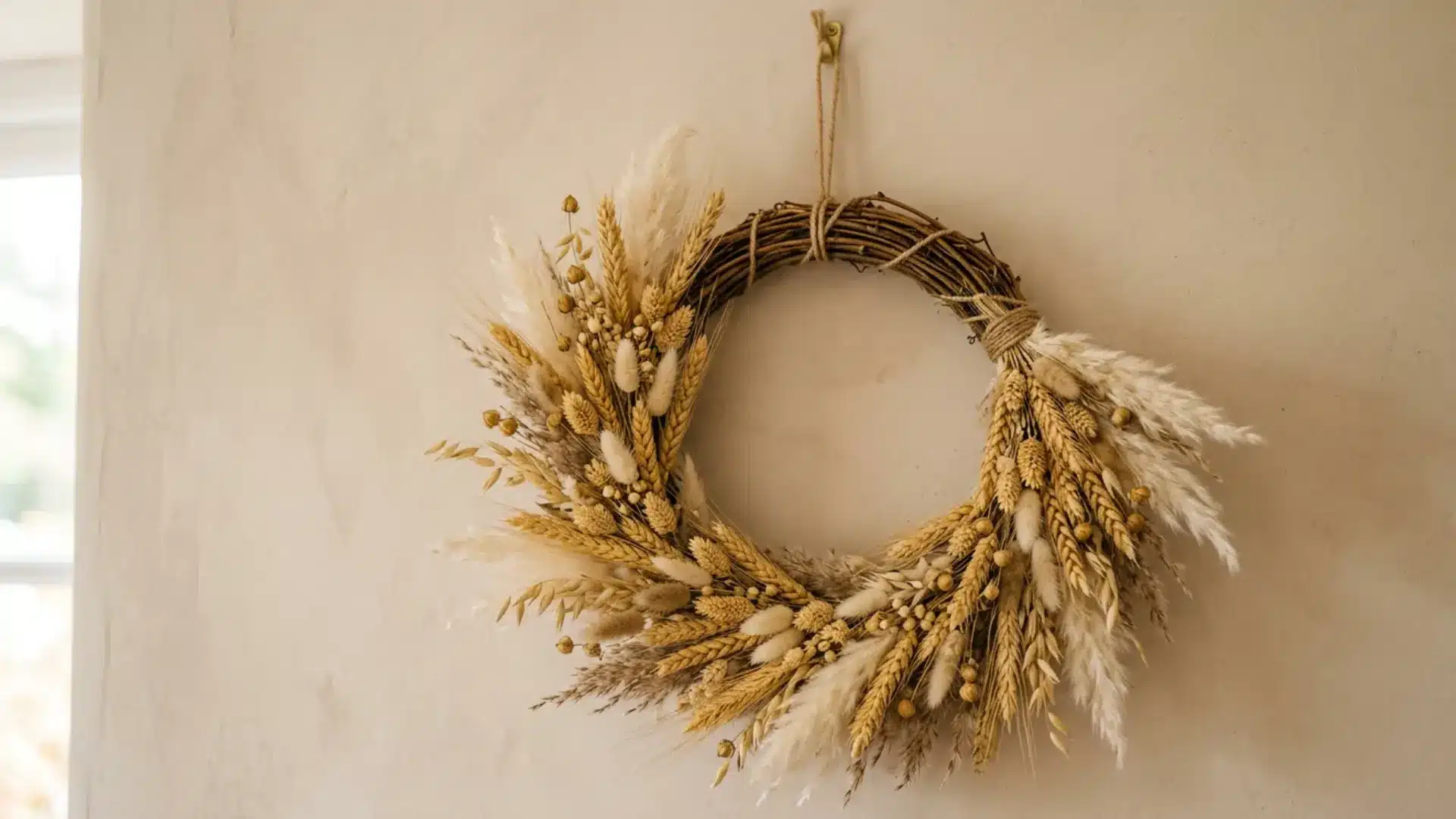 dried wheat and grass wreath arranged on a grapevine base and hanging on a neutral wall