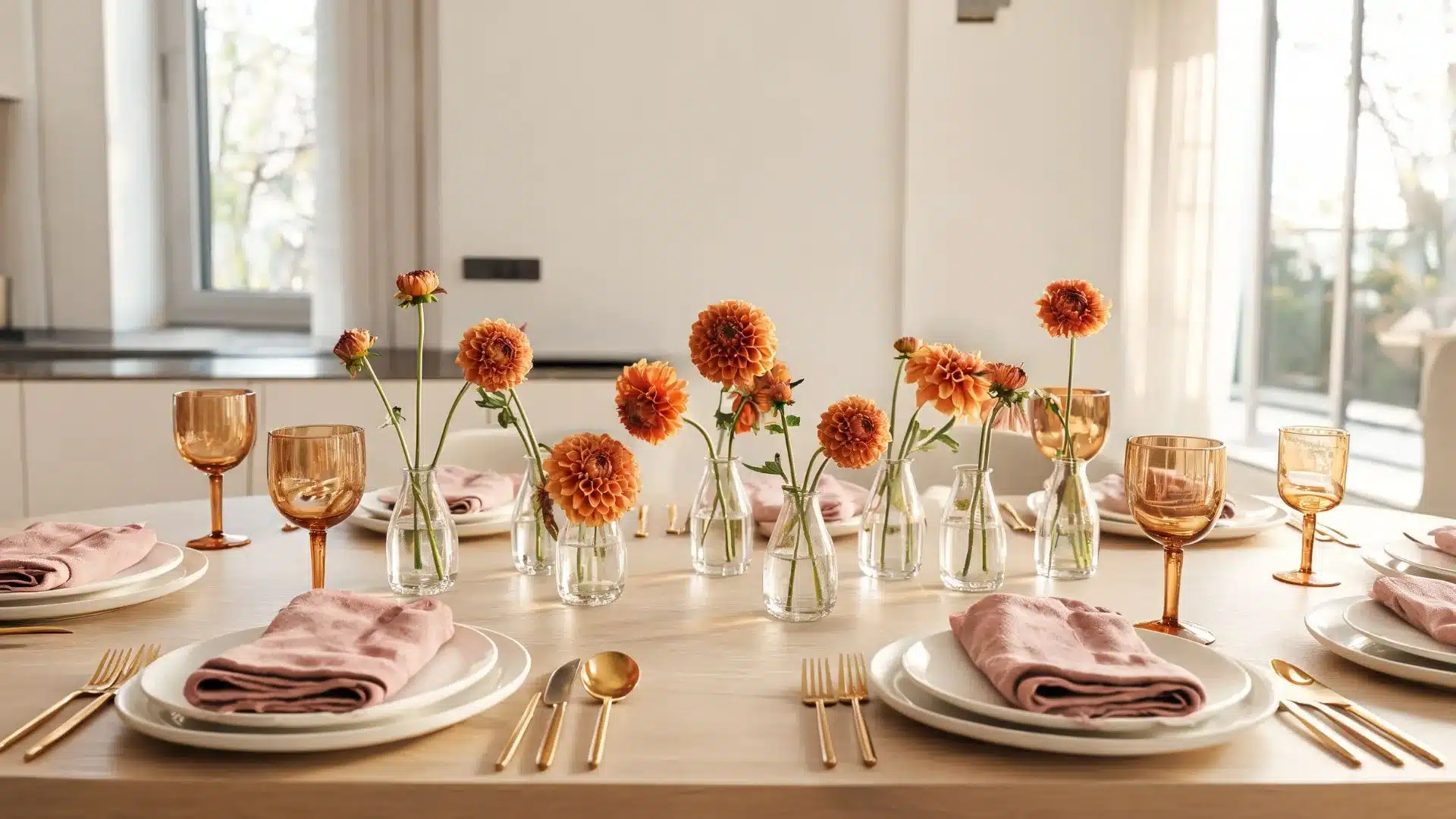 dusty pink napkins with orange dahlias in bud vases and amber goblets on a light wood table