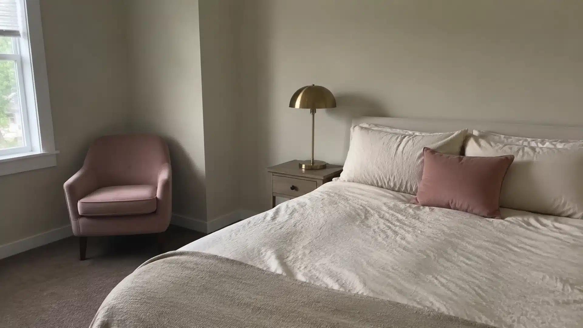dusty rose accent chair and pillow paired with a brass lamp in a cream neutral bedroom