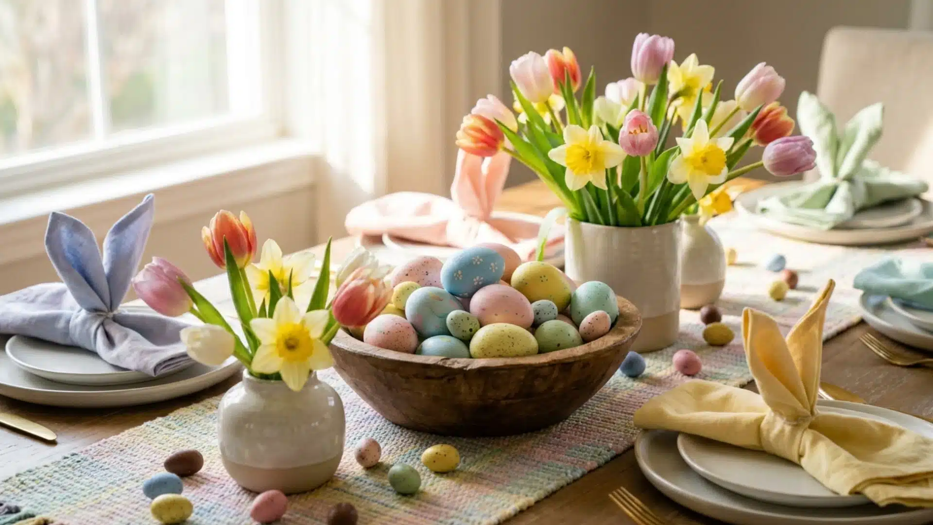 a table with festive easter tablescape with painted eggs tulips and bunny ear napkins