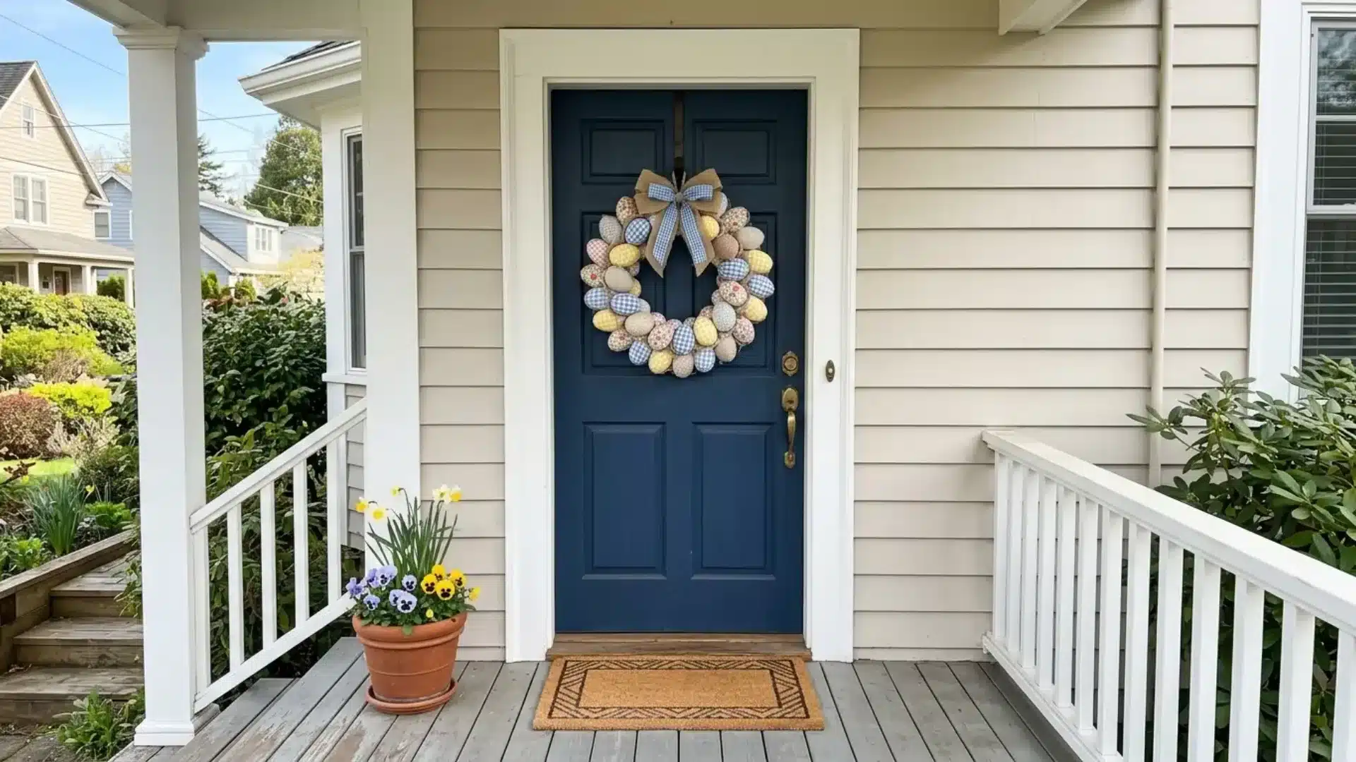 easter egg wreath made of fabric wrapped eggs in gingham and floral prints on a navy front door