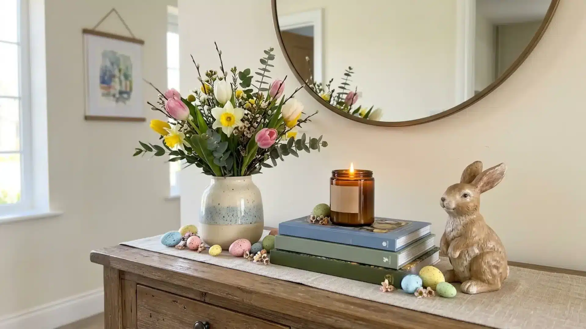 easter entryway console table styled with spring flowers stacked books and a bunny figure