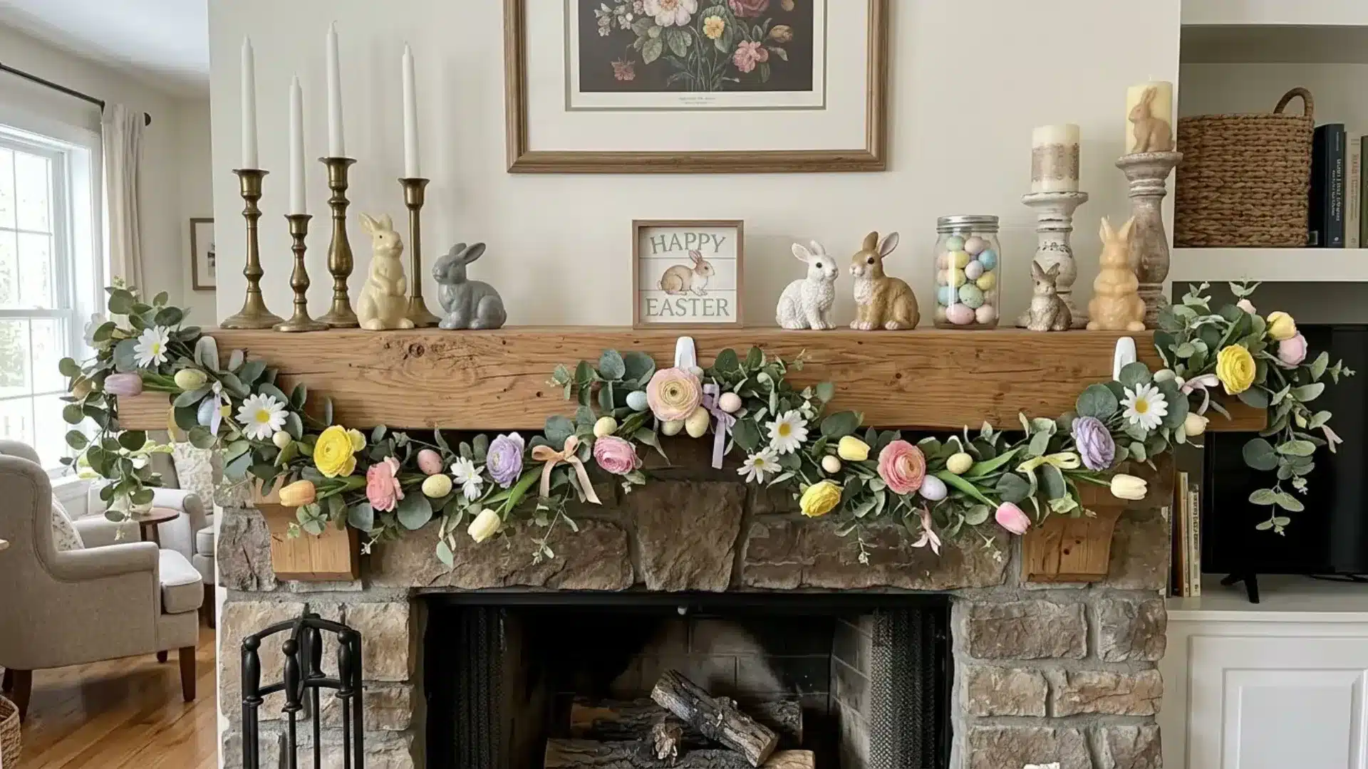 easter garland draped along a fireplace mantel with candlesticks and bunny figurines