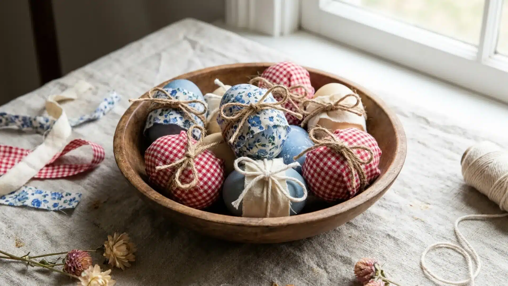 eggs wrapped in gingham and floral fabric with yarn accents