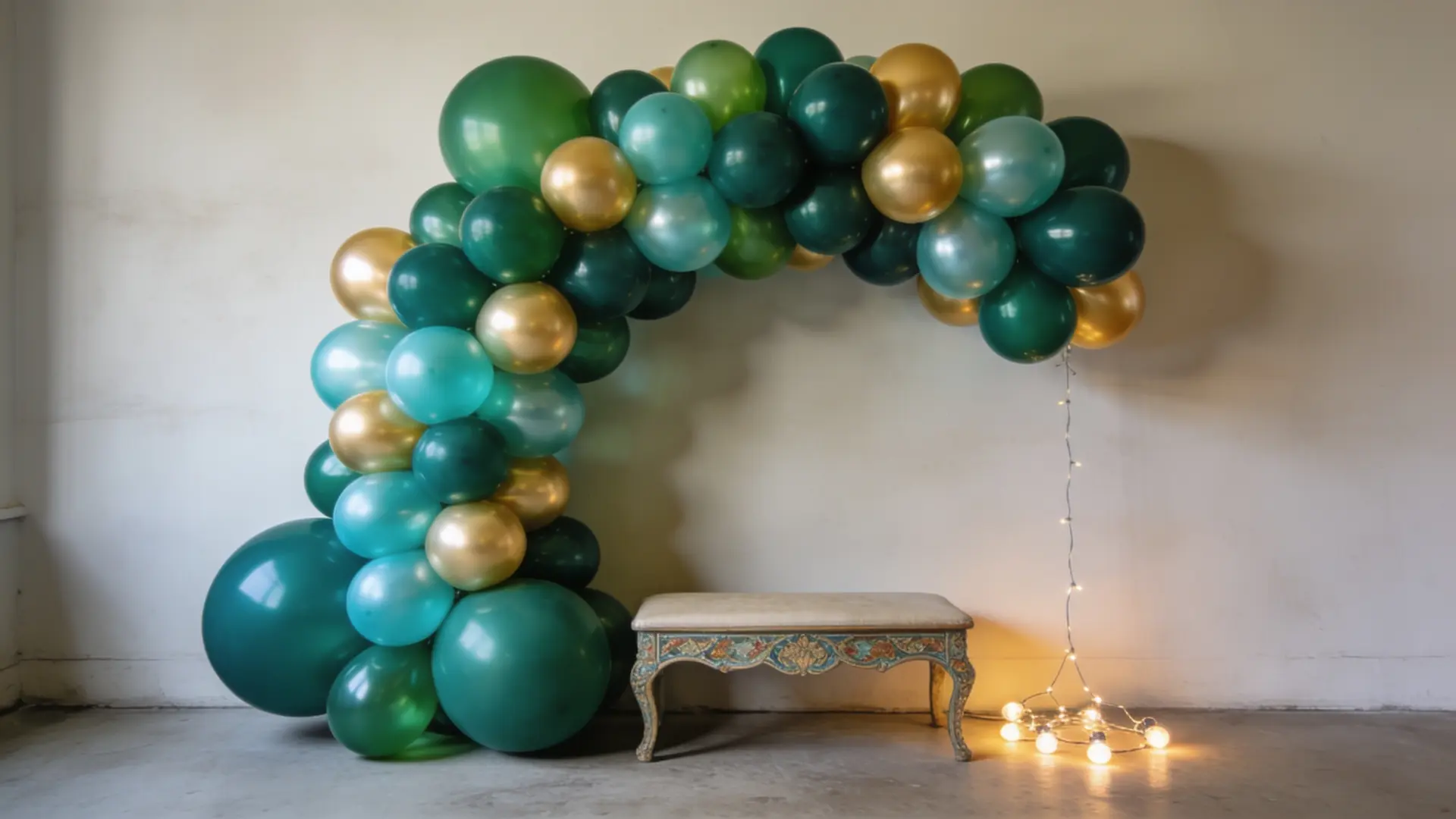 emerald and gold balloon arch photo booth backdrop