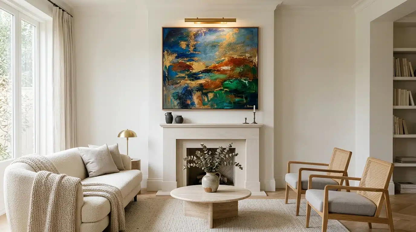 a vibrant artwork positioned over a white couch, enhancing the decor of living room showcasing emphasis in interior design