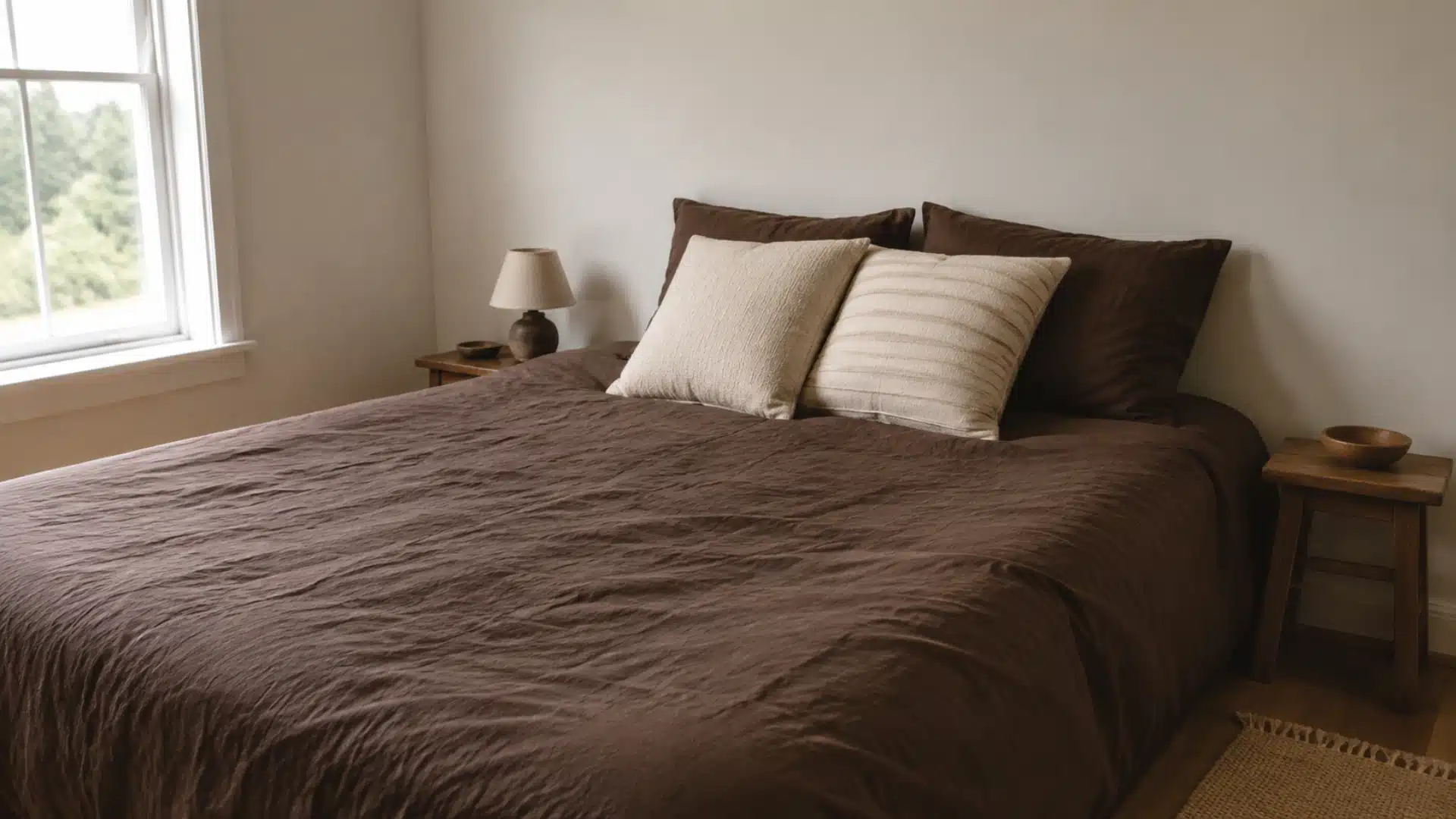 espresso brown linen bedding with cream throw pillows against soft neutral bedroom walls