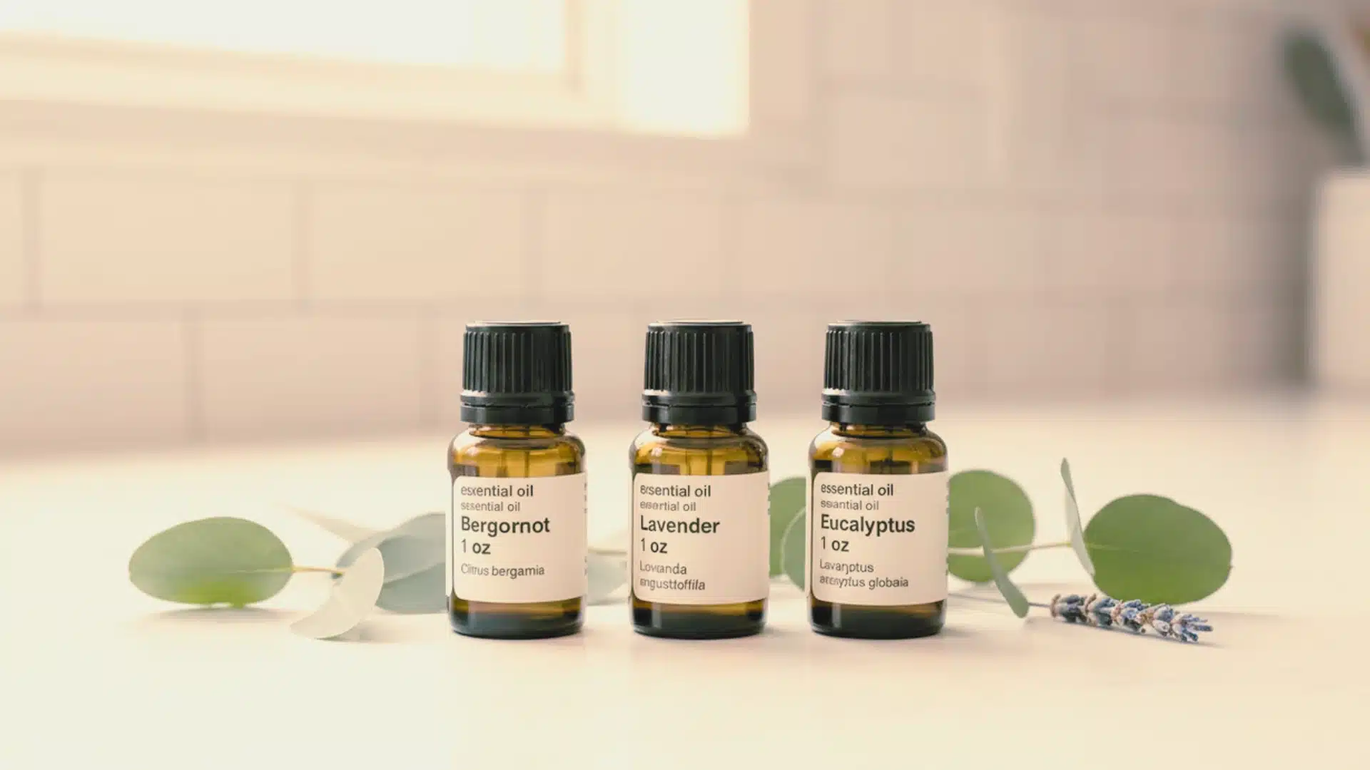 Essential oil bottles lined up horizontally