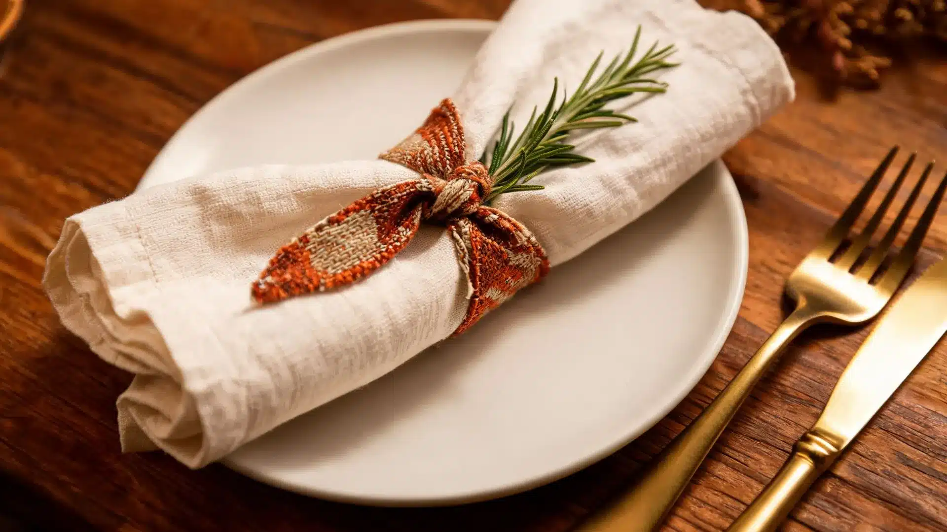 fabric scrap tie with rosemary sprig around a rolled linen napkin on a white plate