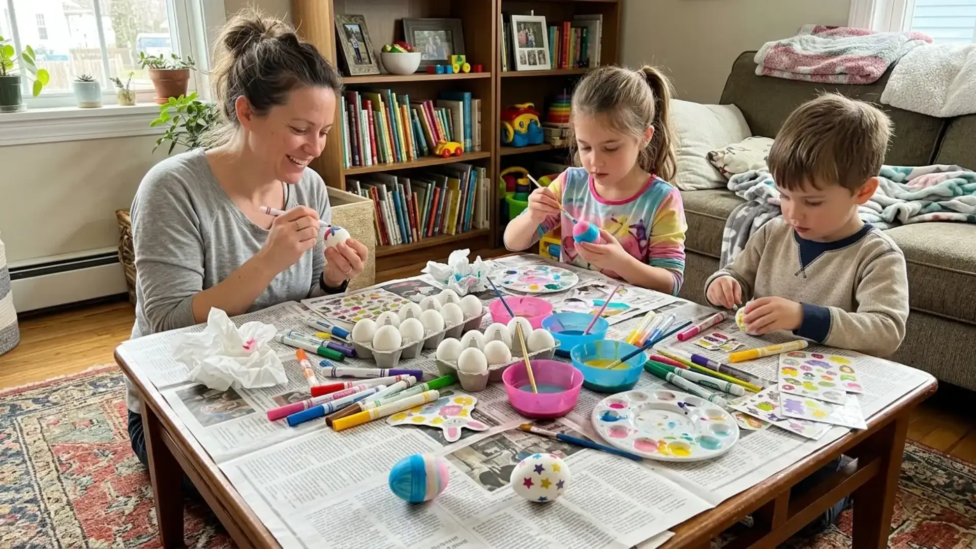 family easter craft table covered in newspaper with plain eggs markers stickers and paint bowls