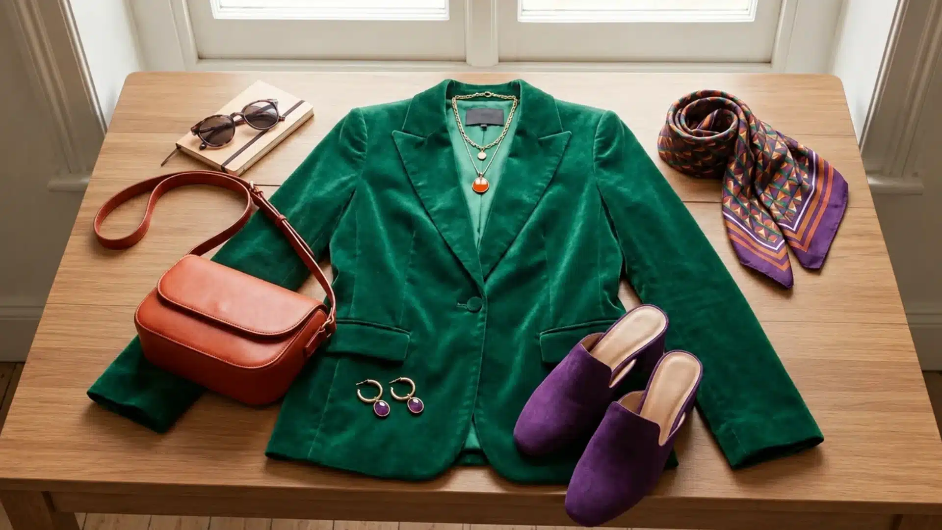 fashion flat lay featuring a dominant jacket and accessories in triadic colors