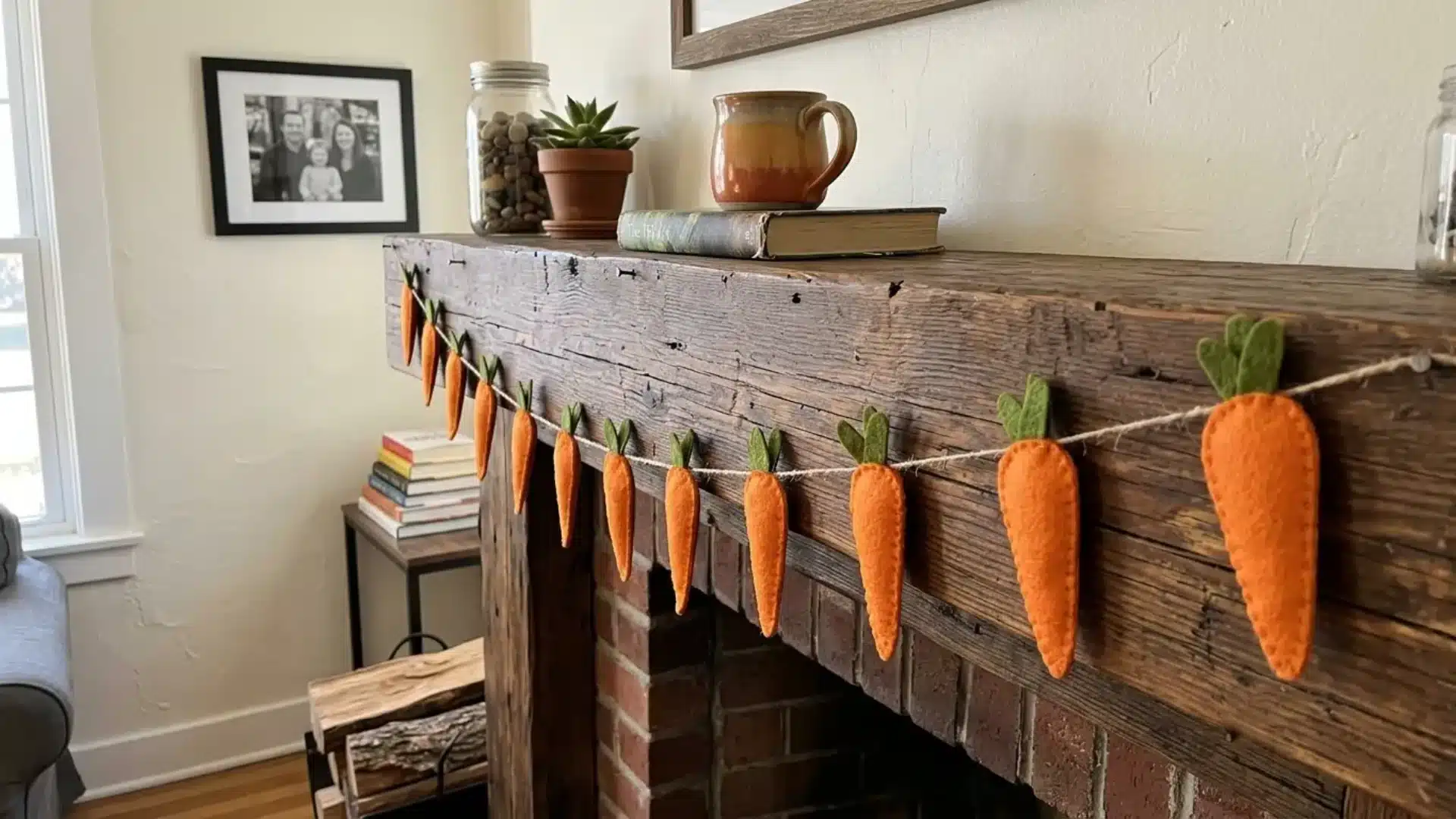 felt carrot garland with green leafy tops strung along twine across a rustic wooden mantel