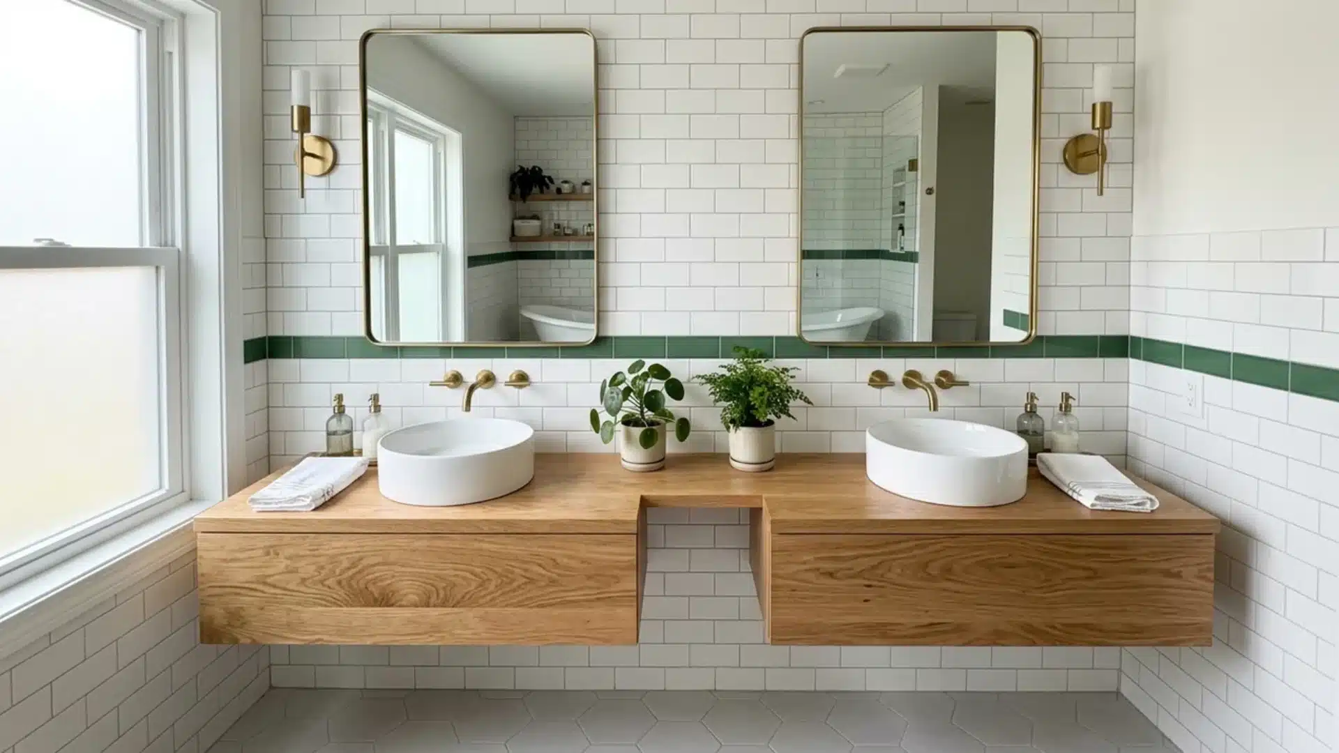 floating wood double sink vanity with brass fixtures green tile trim and potted plants
