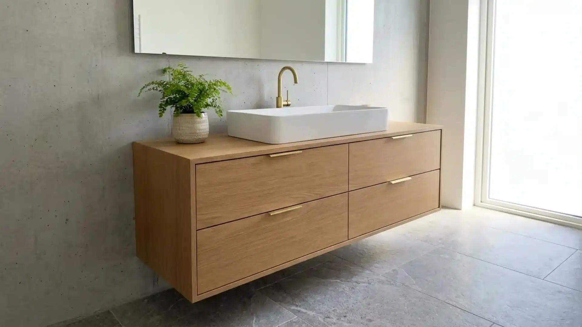 floating wood vanity with four flat panel drawers gold hardware vessel sink and potted fern