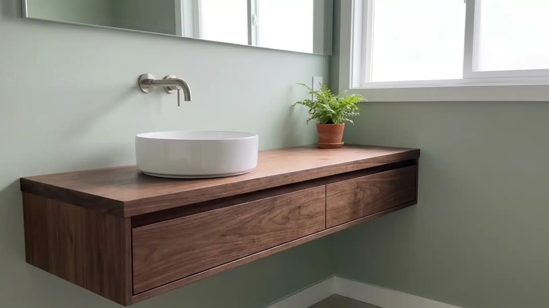 floating wood vanity with seamless drawers round sink and potted fern on sage wall