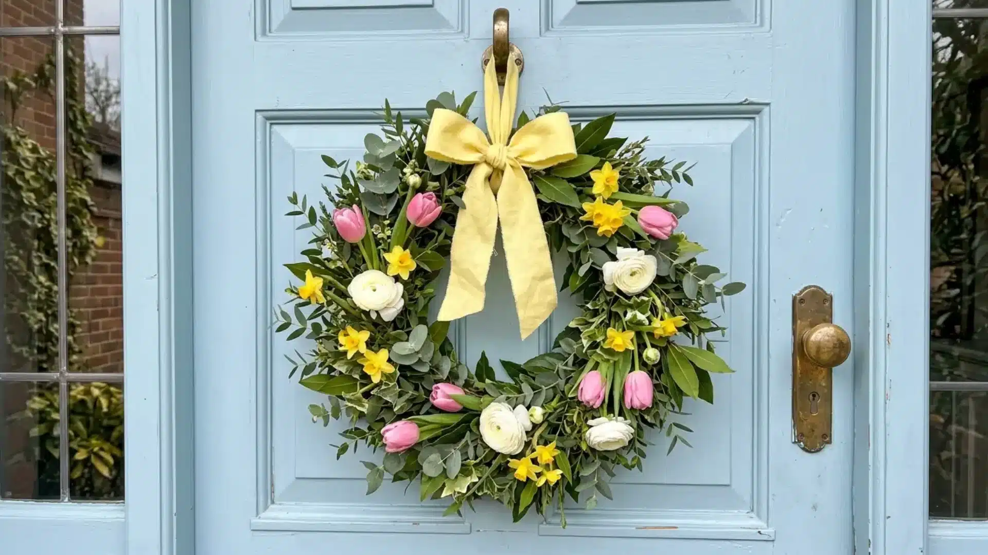floral easter wreath of fresh tulips daffodils and greenery hanging on a light blue door