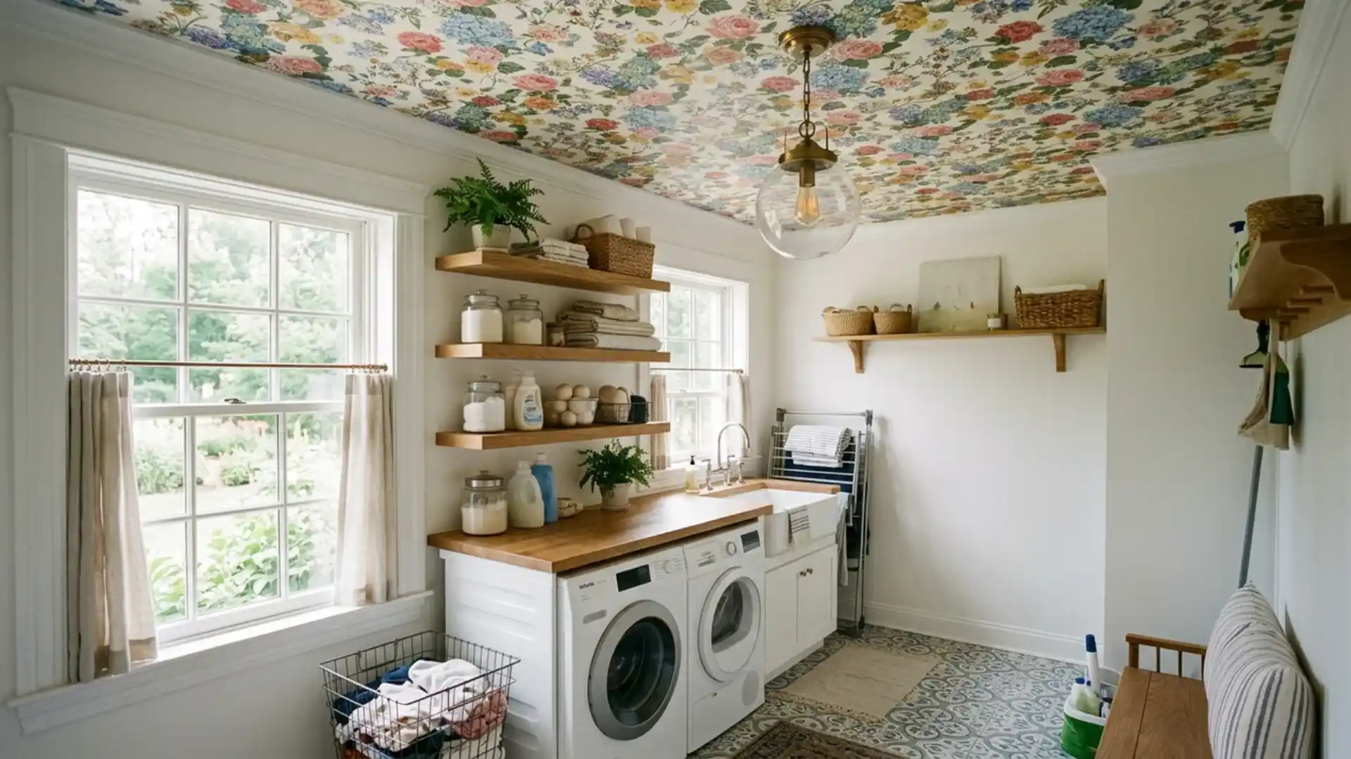 floral wallpapered ceiling above open wood shelves and a farmhouse sink in a laundry room