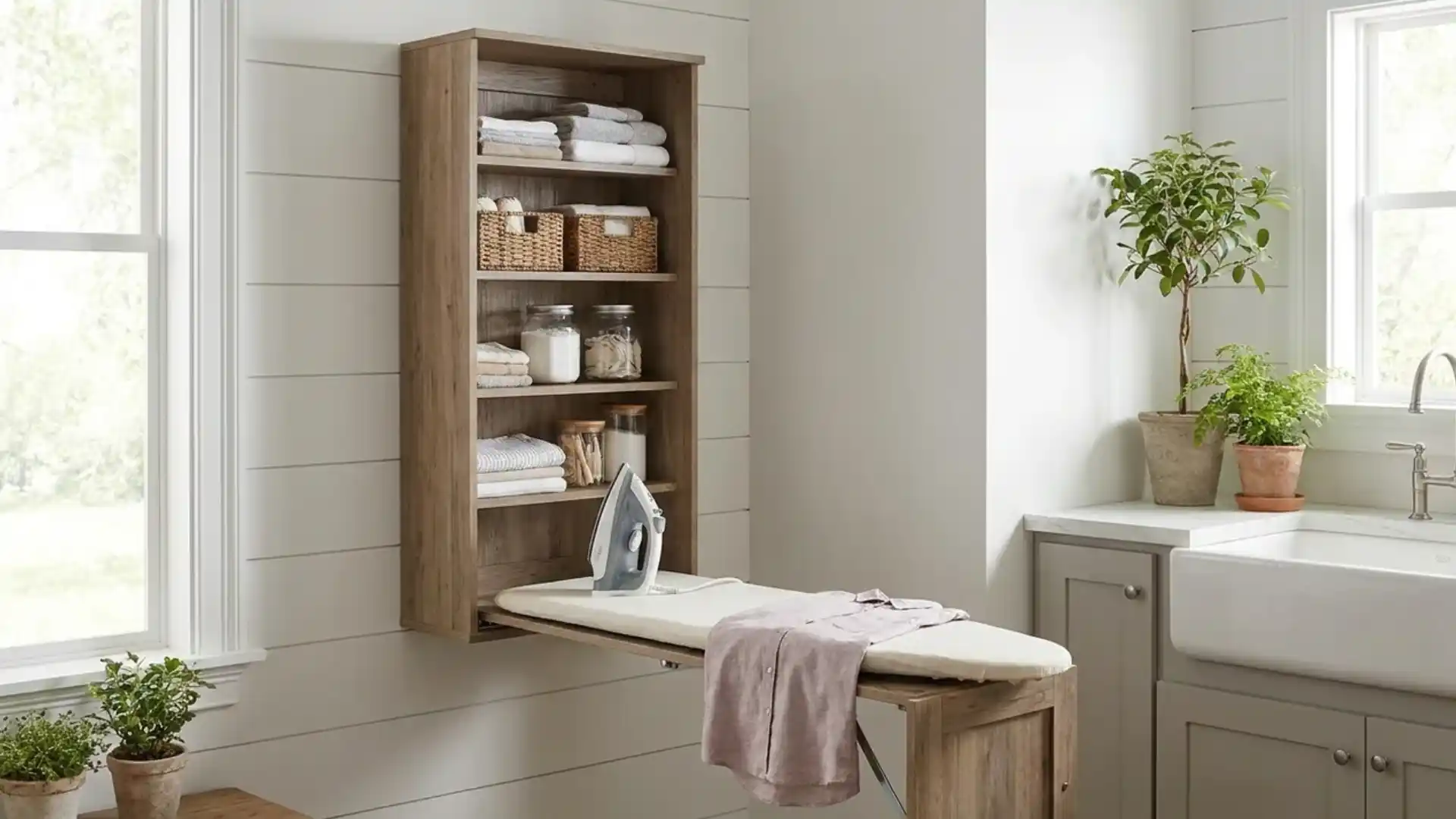 fold down ironing board built into a wood cabinet with towels baskets and jars on open shelves