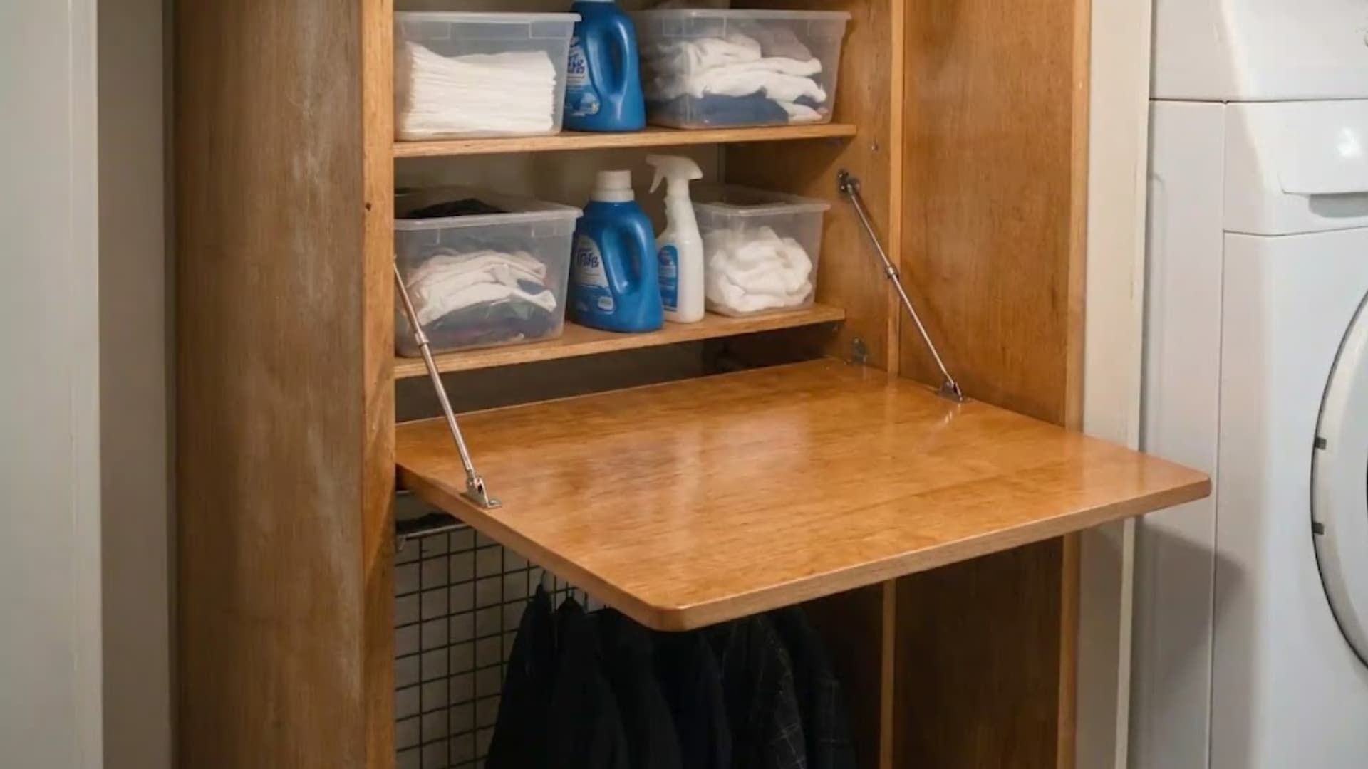 fold down wood countertop inside a closet with laundry bins detergent and hanging clothes below