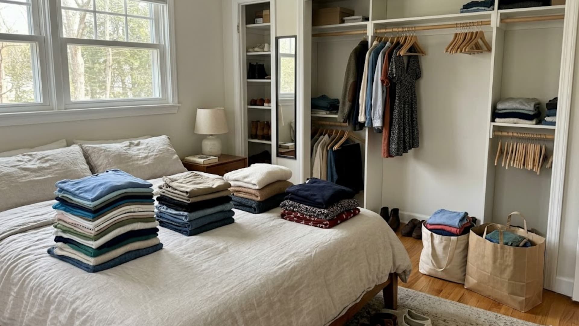 folded clothes stacked on bed with open closet and donation bags ready for sorting