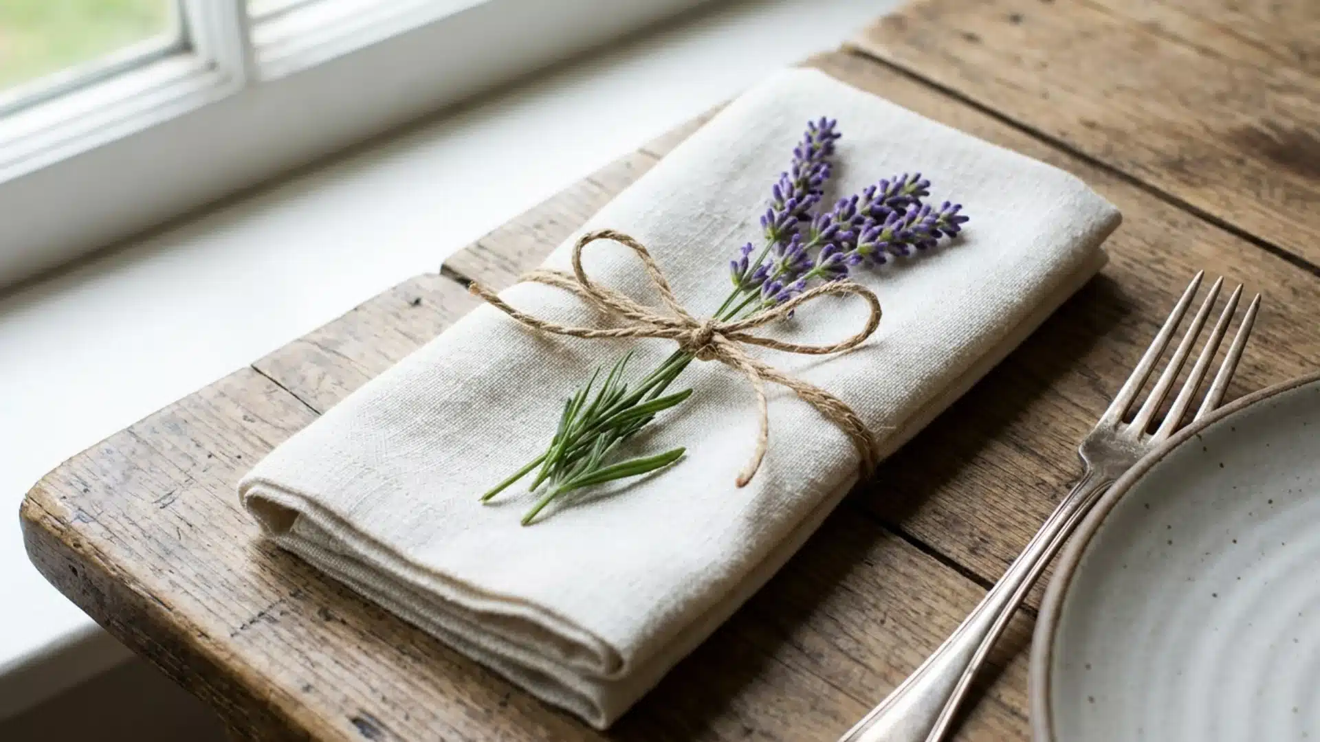 folded napkin accented with a small sprig of lavender tied with twine