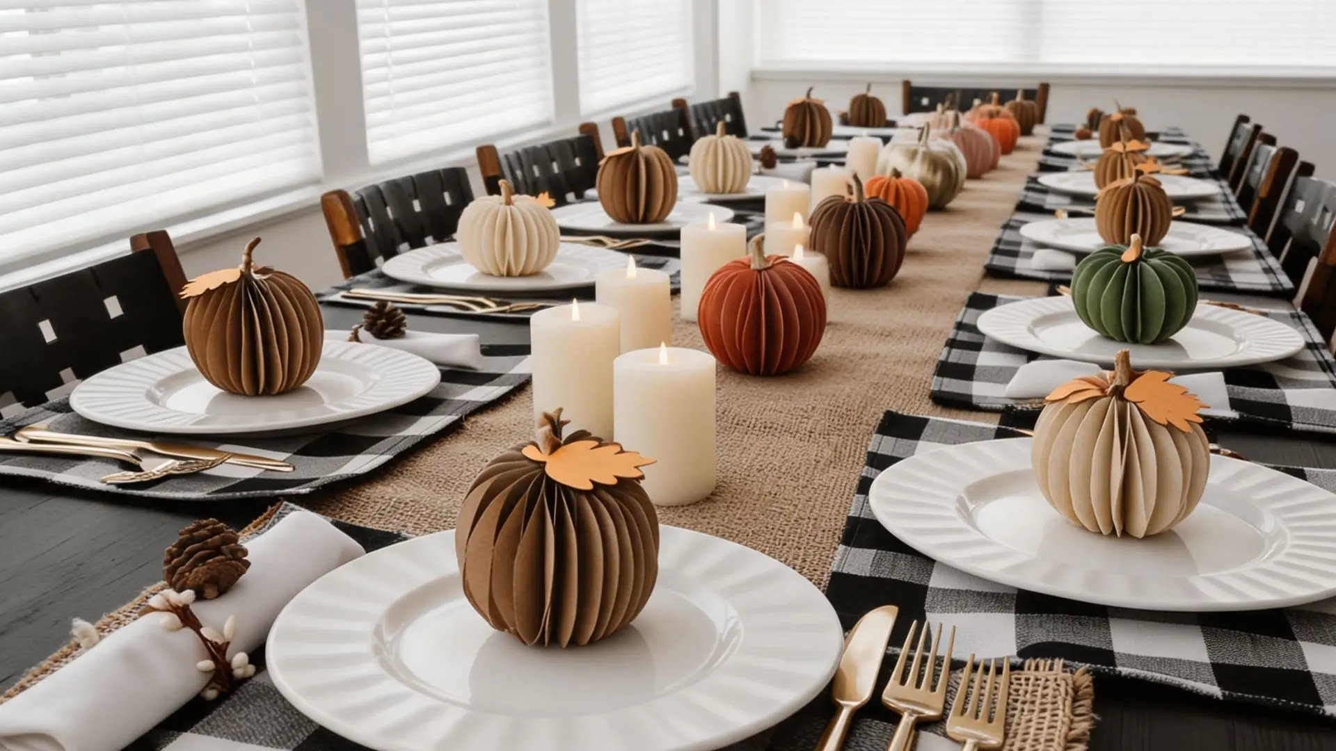 folded paper pumpkins on white plates with buffalo check placemats and pillar candles