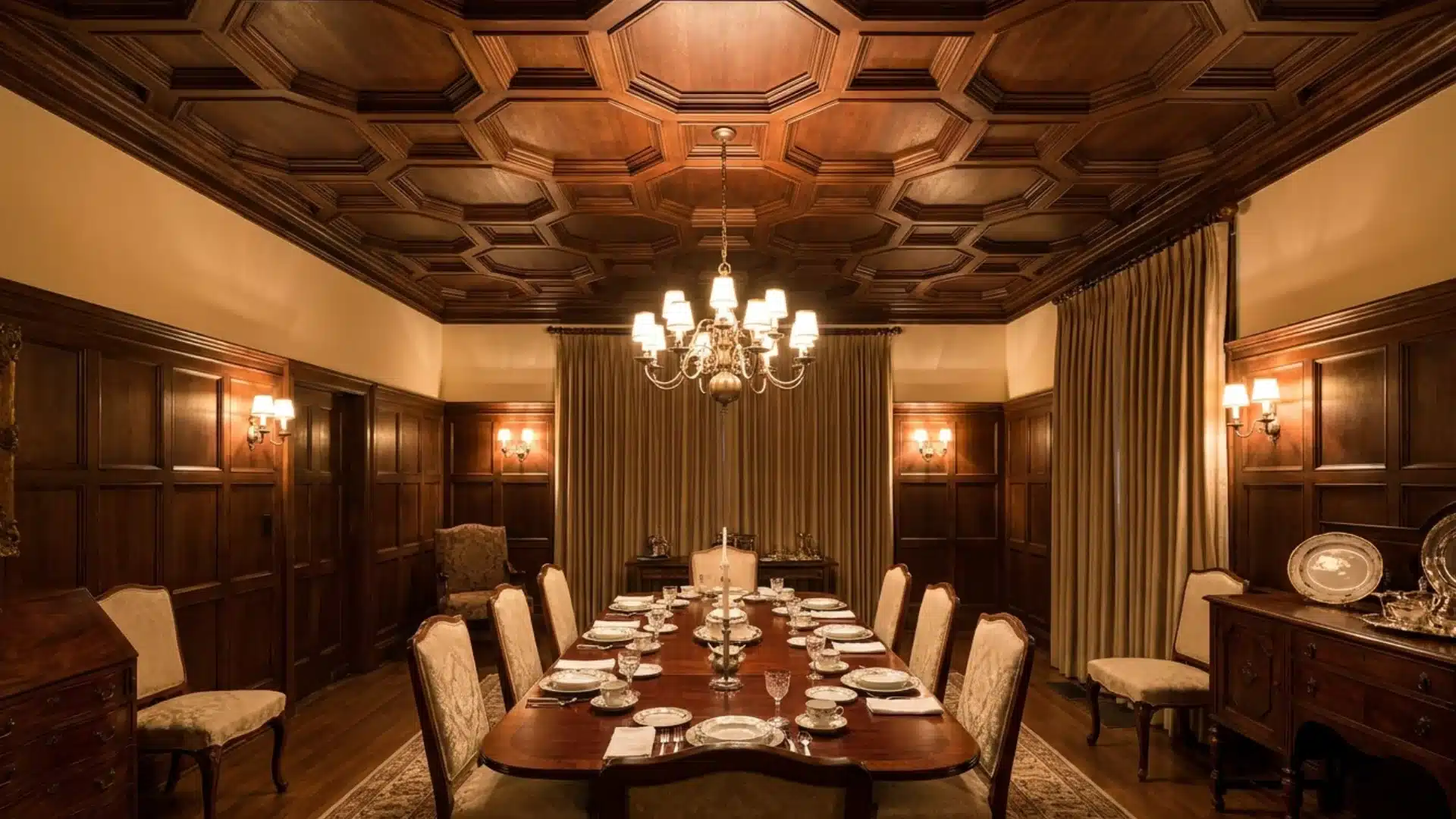 formal dining room featuring an octagonal coffered ceiling design