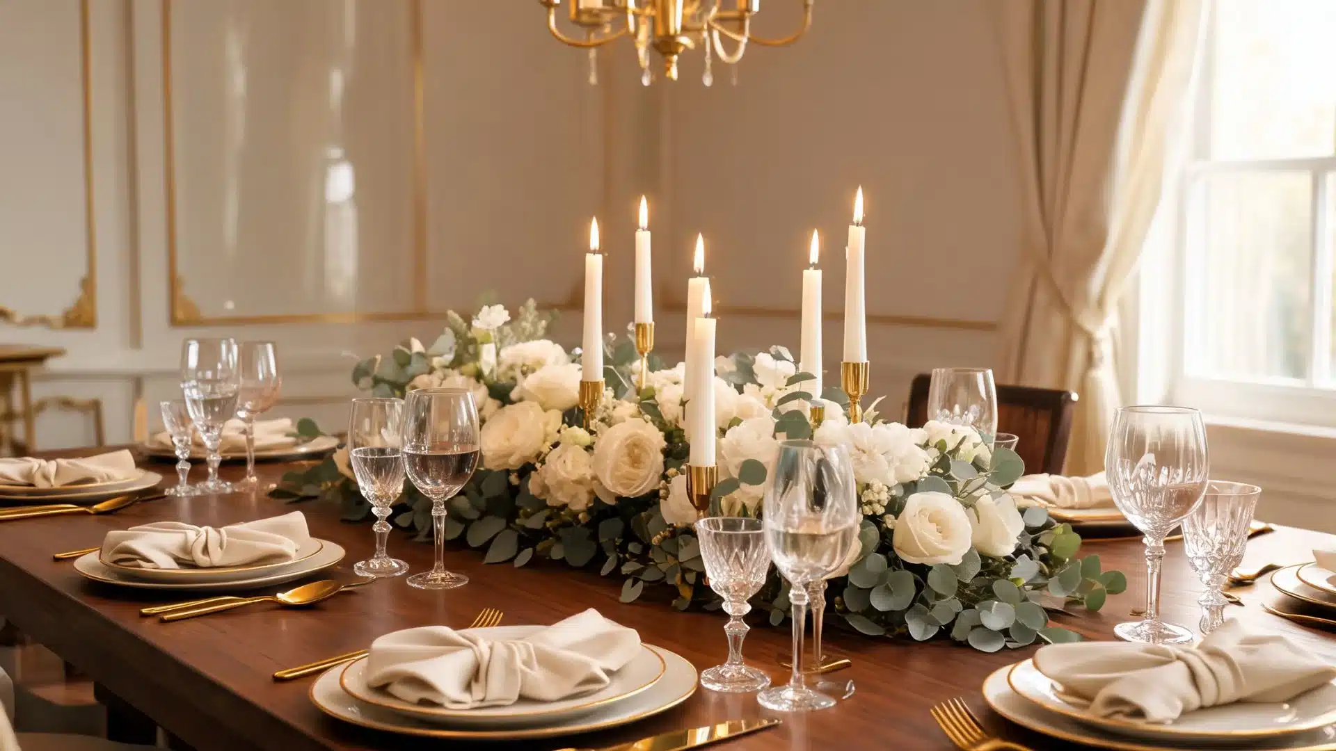 formal table with white florals, gold candlesticks, crystal glassware, and gold-rimmed china