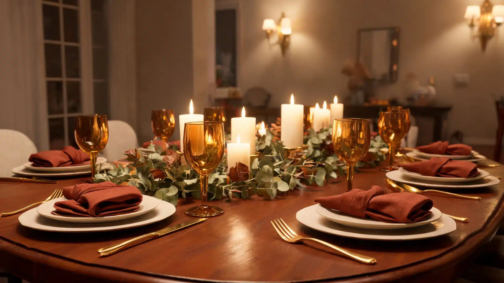 formal wood table with amber glassware, rust napkins, gold flatware, and a candle centerpiece