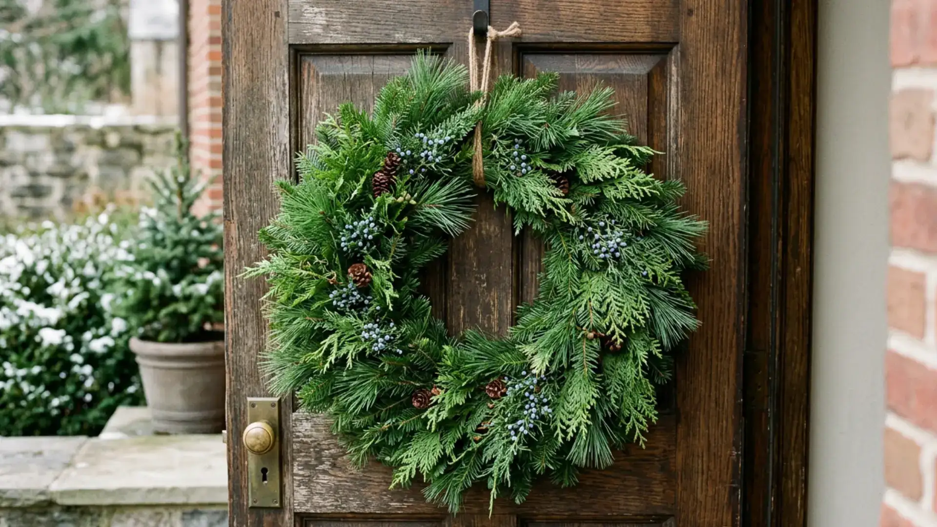 fresh evergreen wreath with pinecones and blue berries hanging on a rustic wooden front door