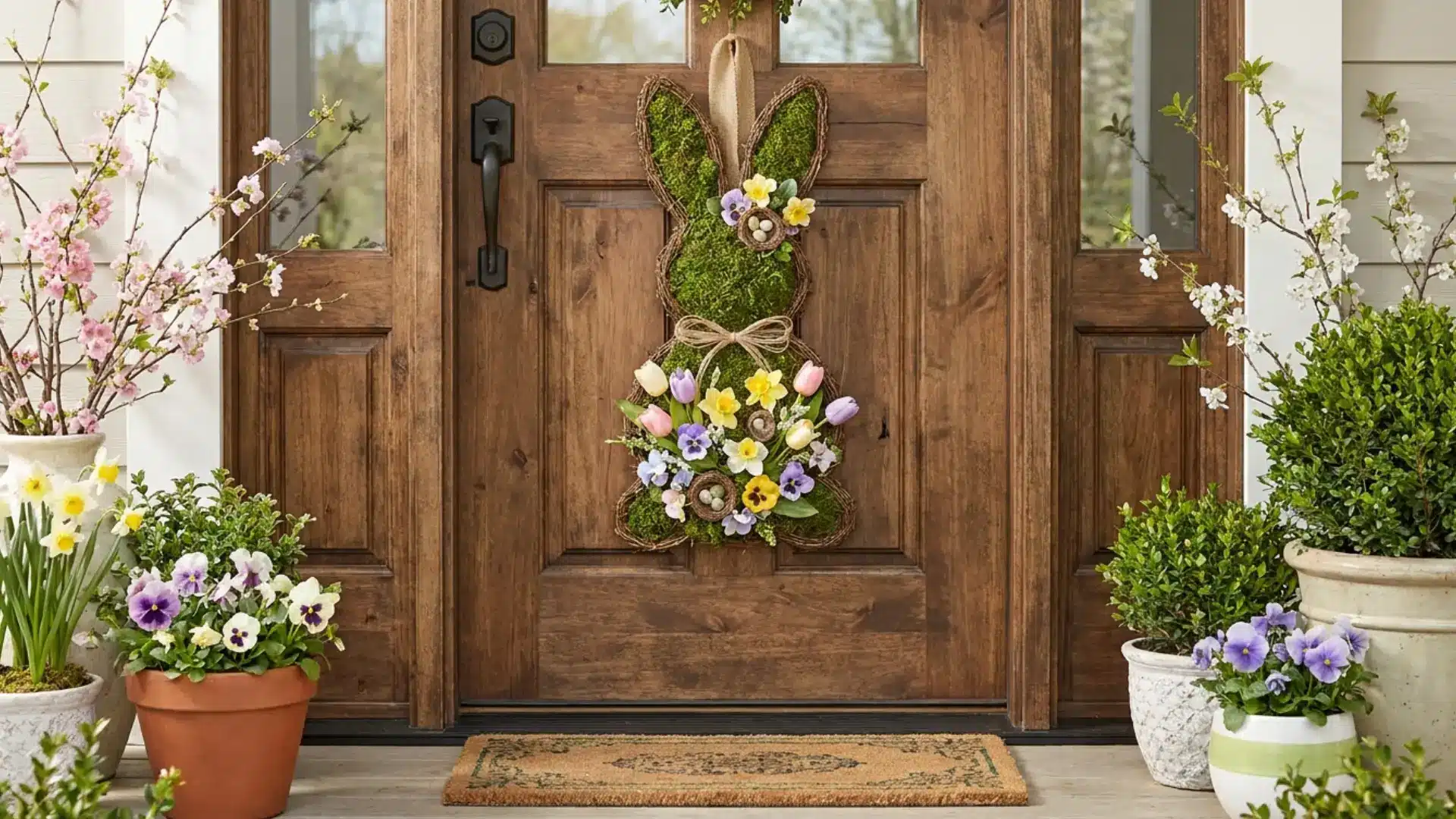 front door decorated with a grapevine bunny silhouette door hanger