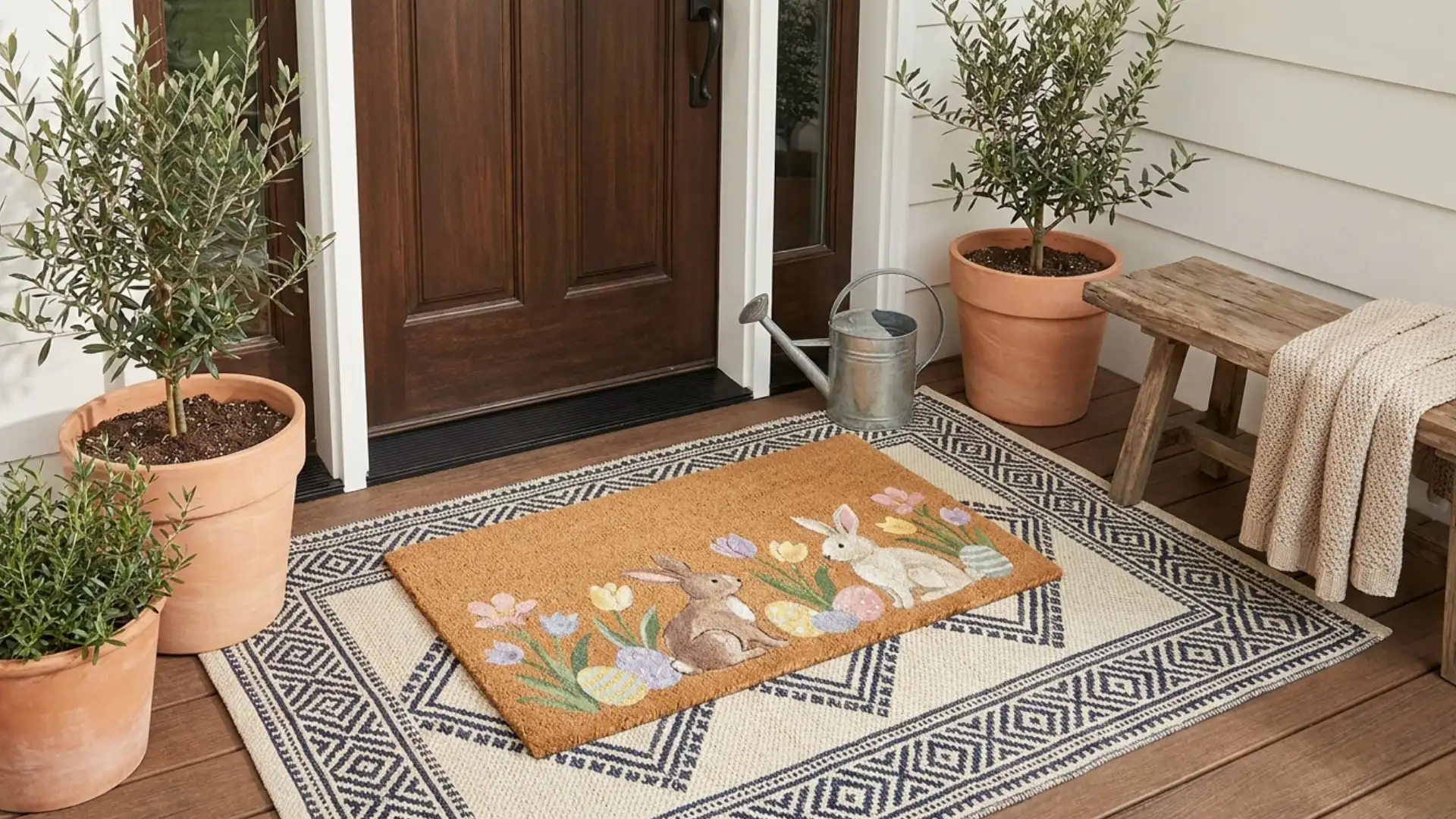 front porch featuring a layered easter doormat over a patterned outdoor rug