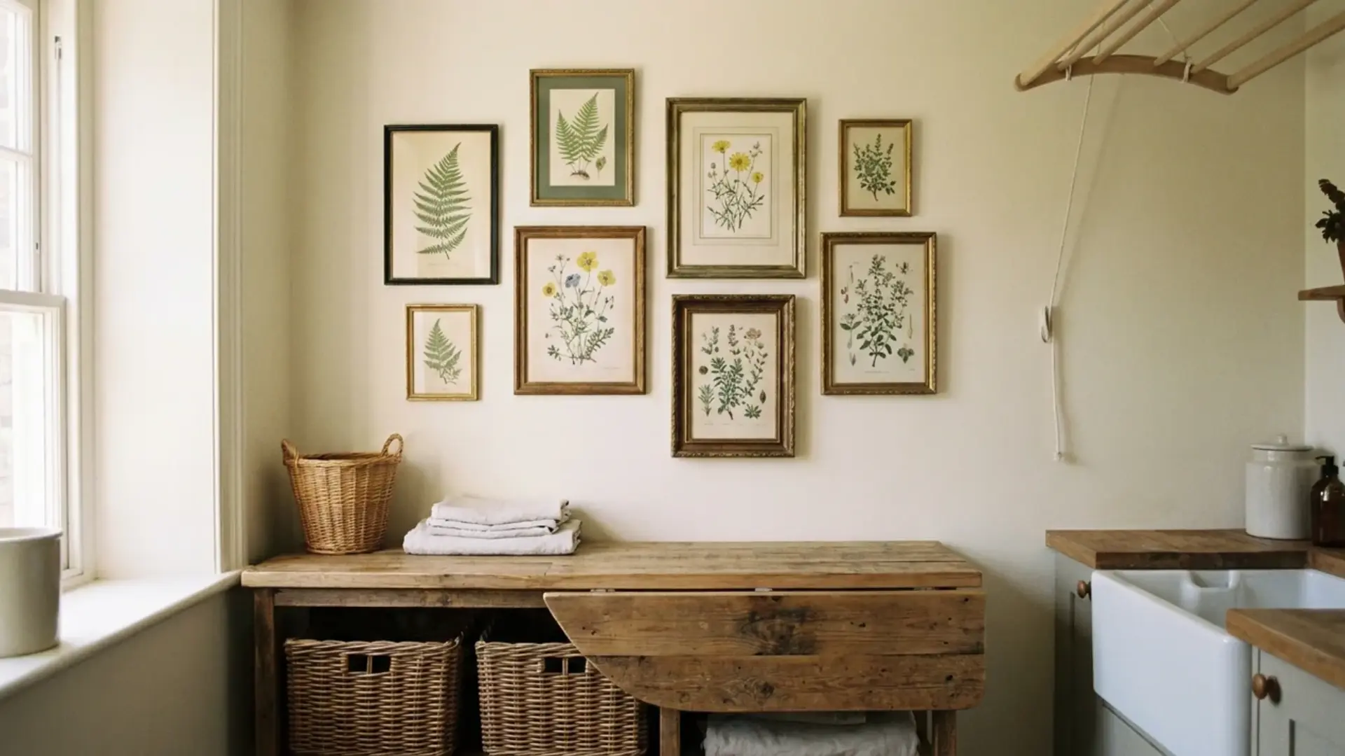 gallery wall of framed botanical prints above a wood folding table with wicker baskets below