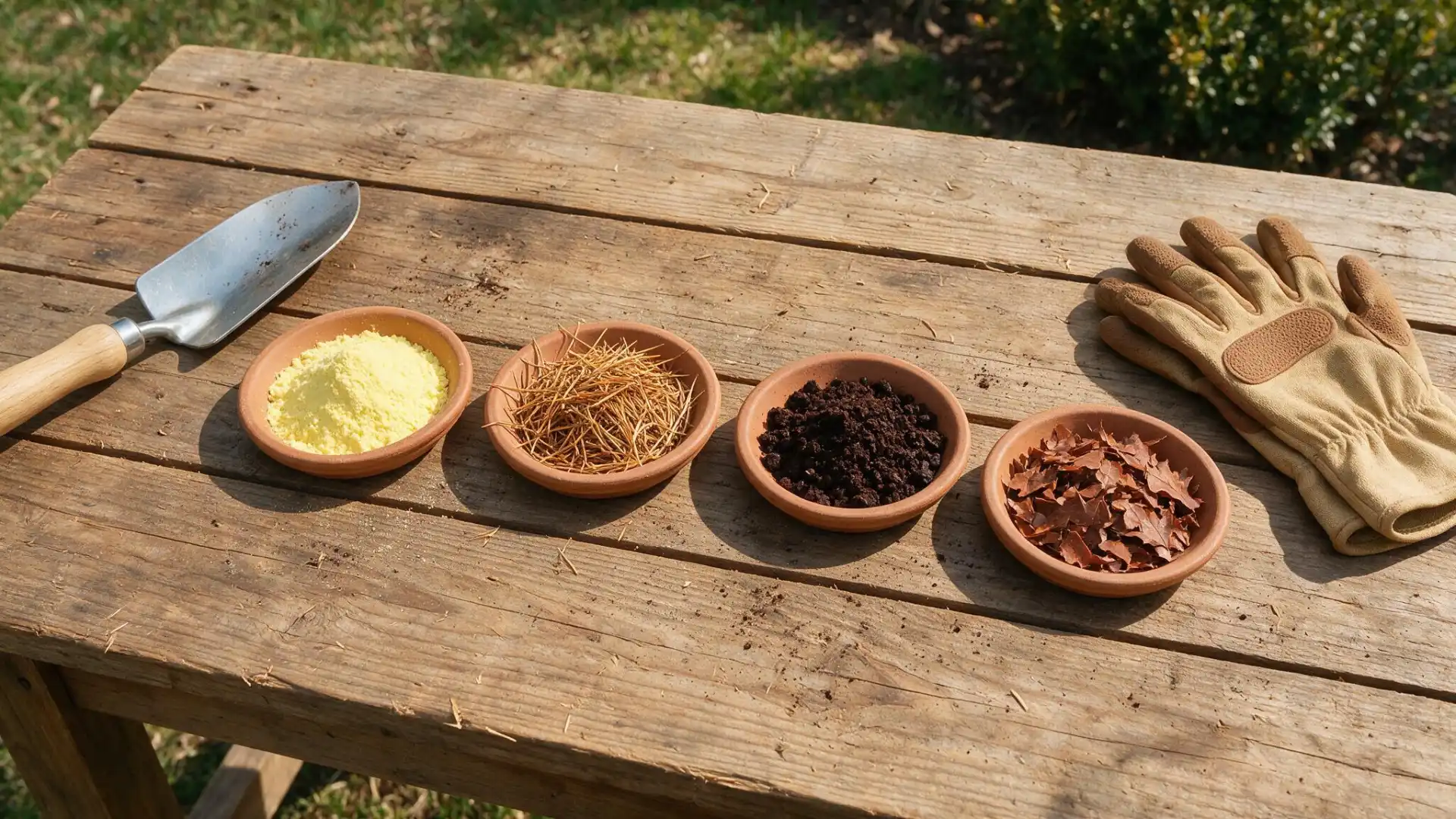 garden dishes holding sulfur pine needles coffee grounds and oak leaves for soil