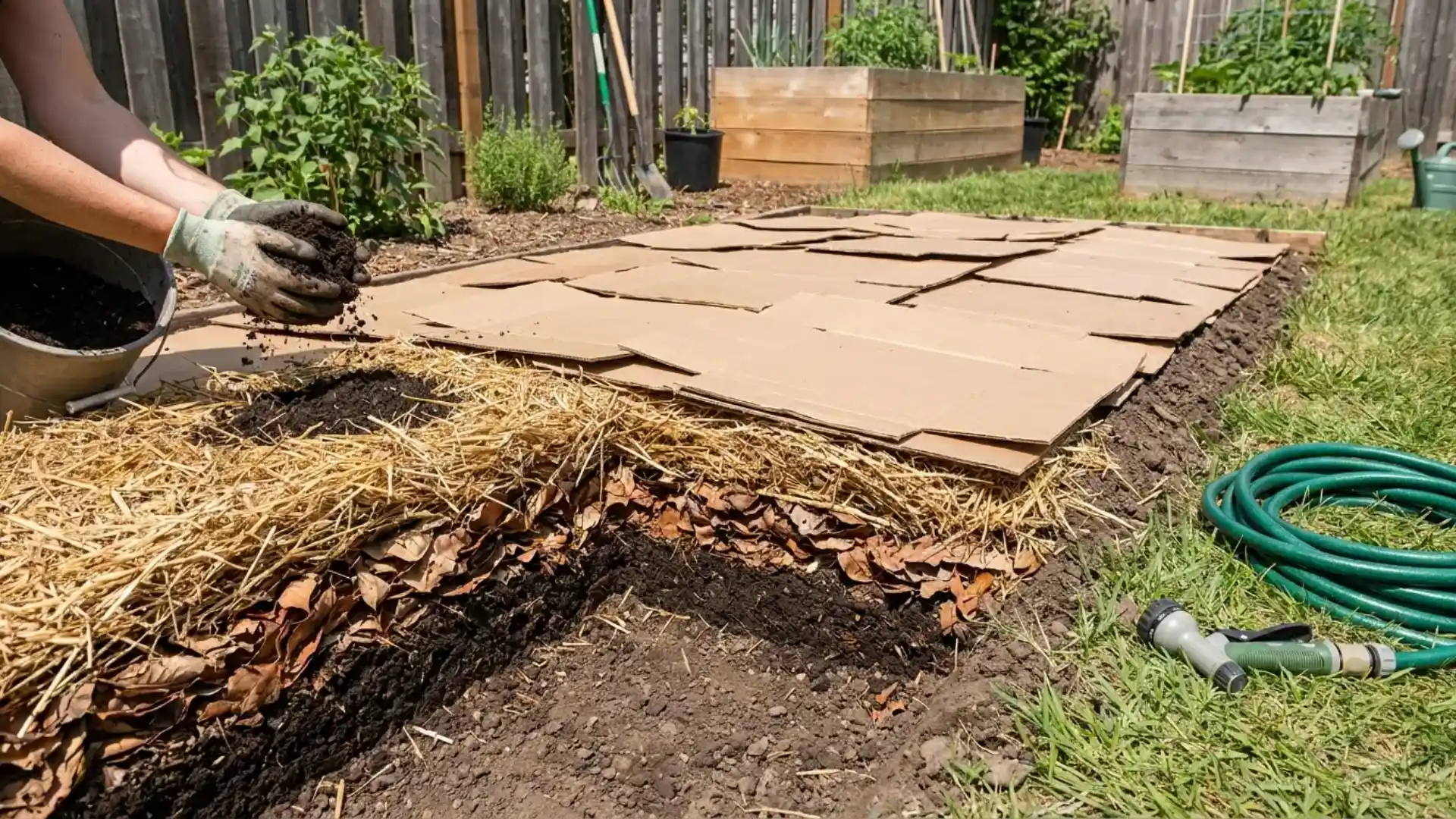 gardener building cardboard straw and compost layers over clay soil for no till gardening