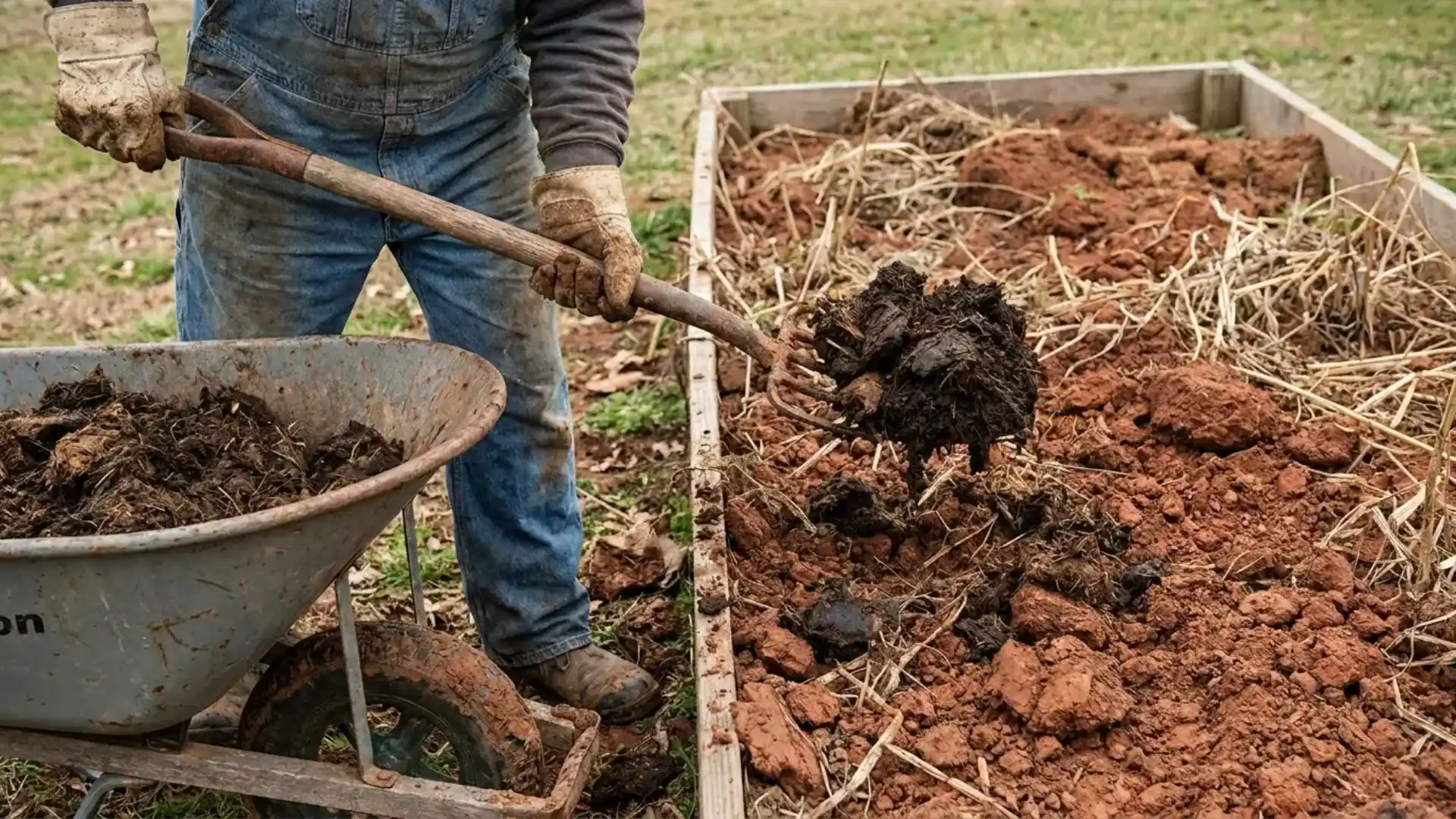 gardener forking aged manure from a wheelbarrow into a raised bed with clay soil