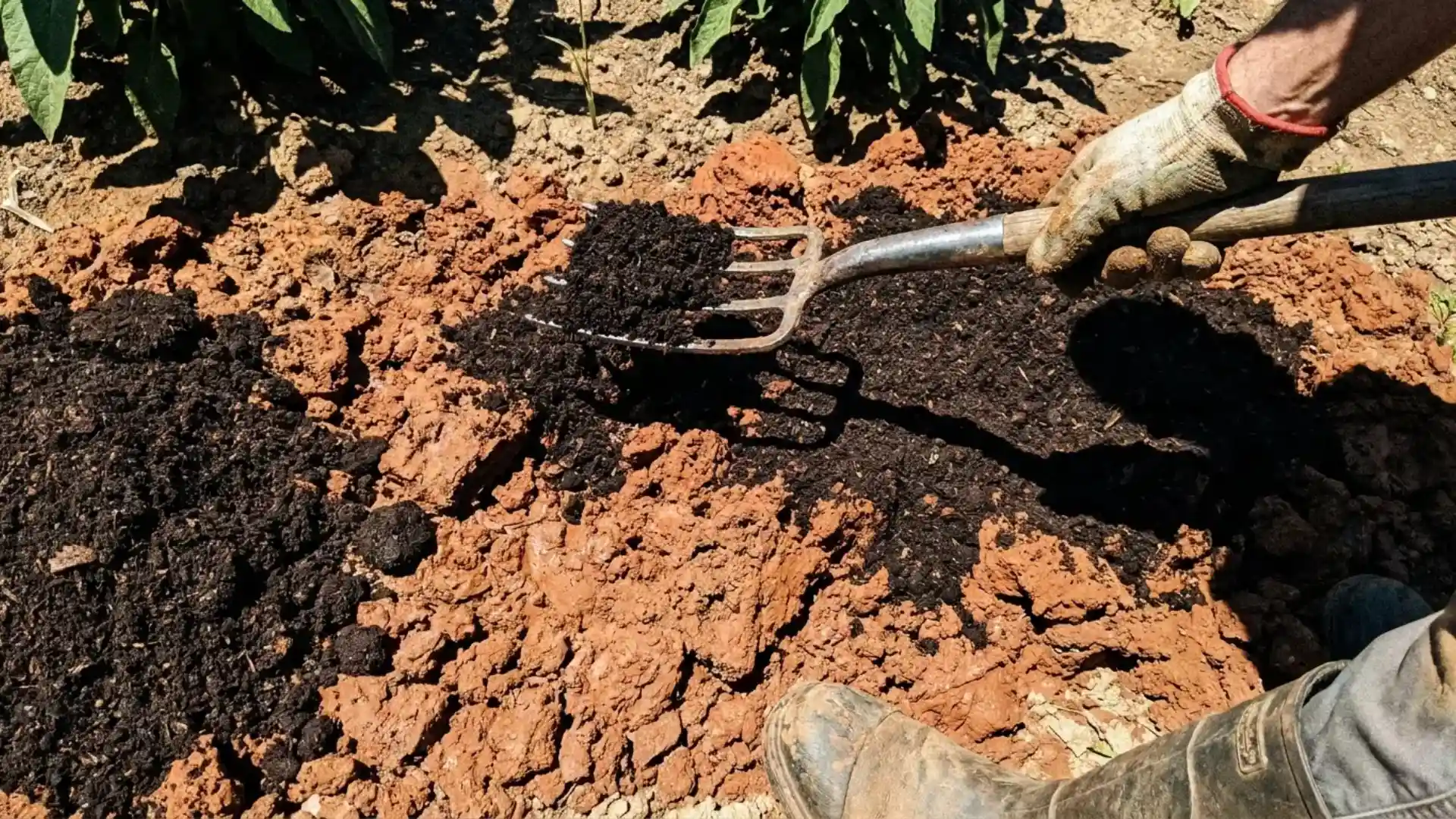 gardener mixing dark compost into heavy clay soil with a garden fork in a backyard bed