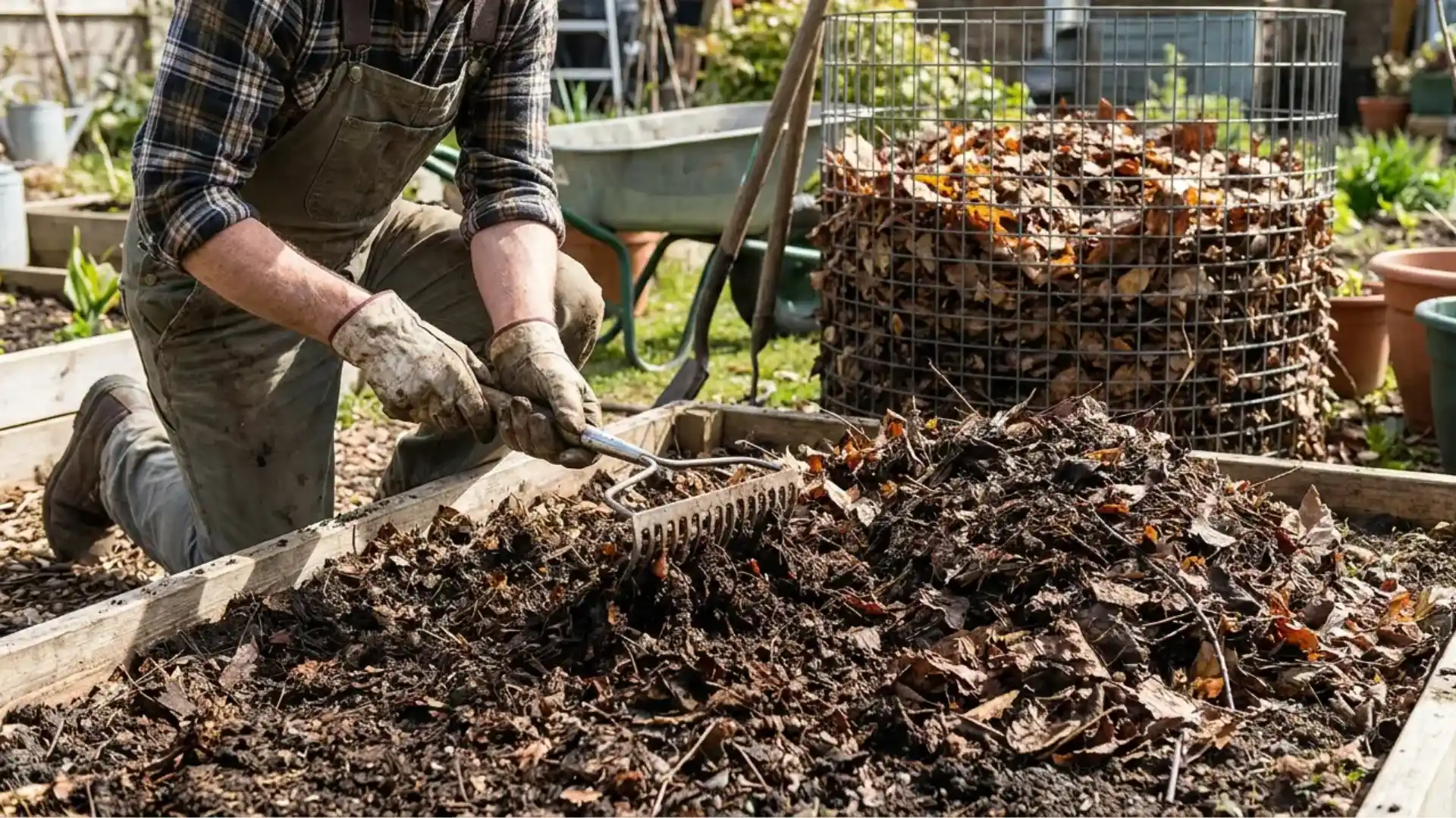 gardener raking crumbly leaf mold into a garden bed near a wire leaf compost bin