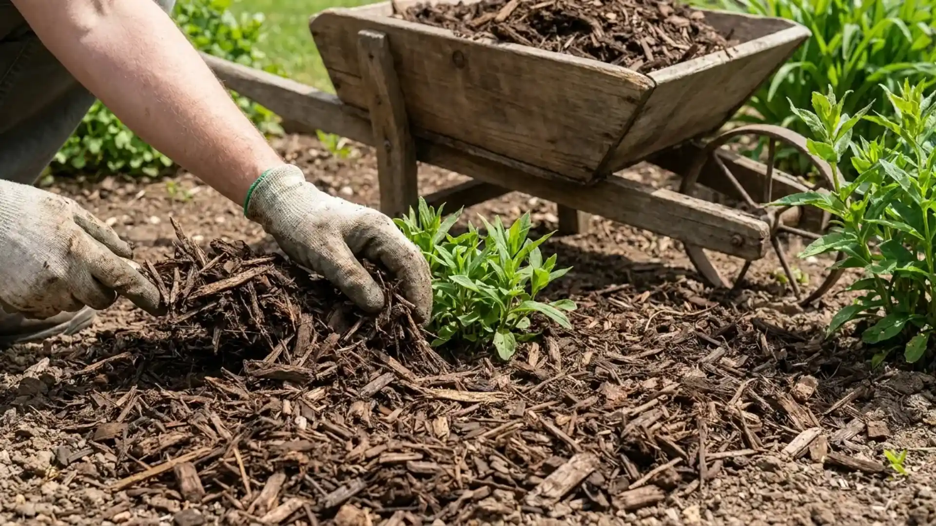 gardener spreading wood mulch around a small plant with a wheelbarrow nearby during the day