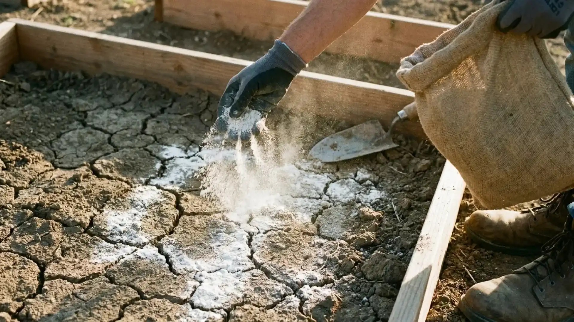 gardener sprinkling white gypsum powder over cracked dry clay soil in a raised bed