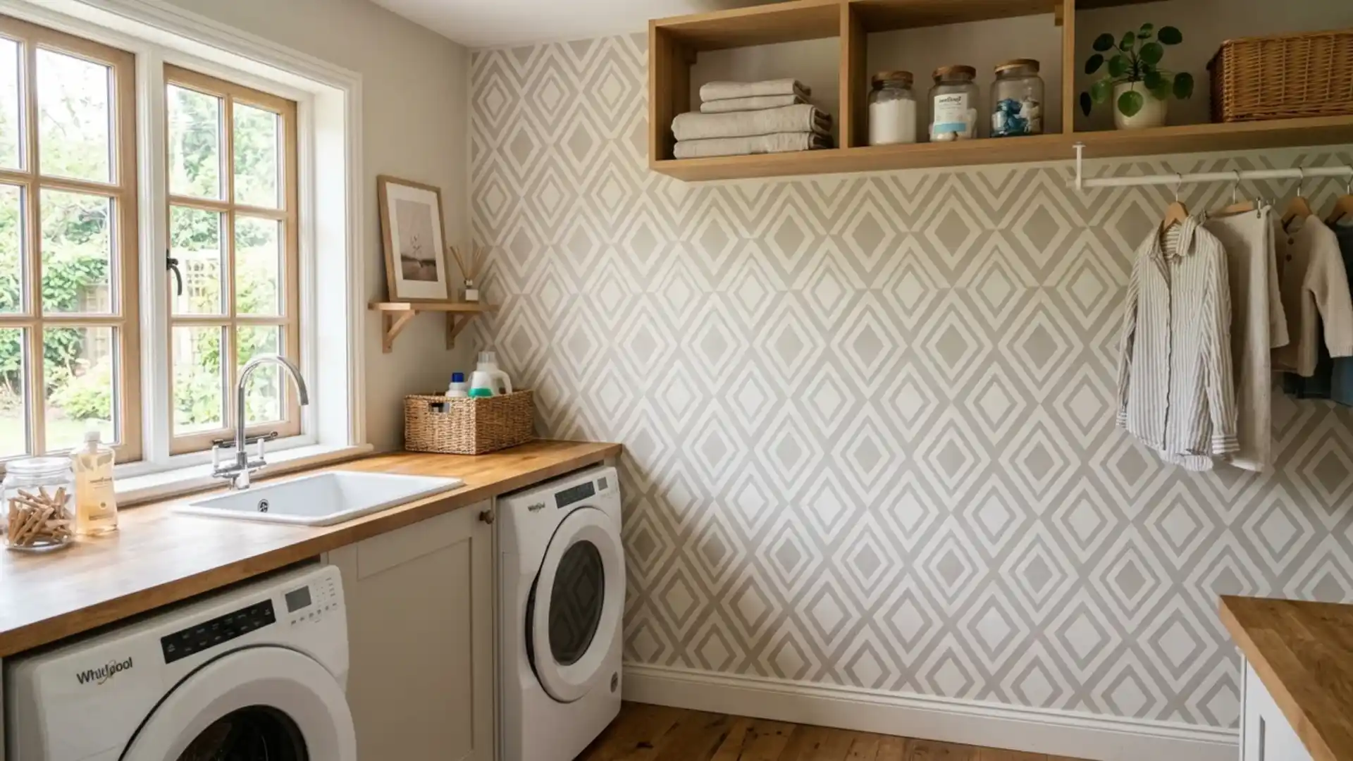 geometric diamond patterned wall beside washer and dryer with open wood shelving above sink