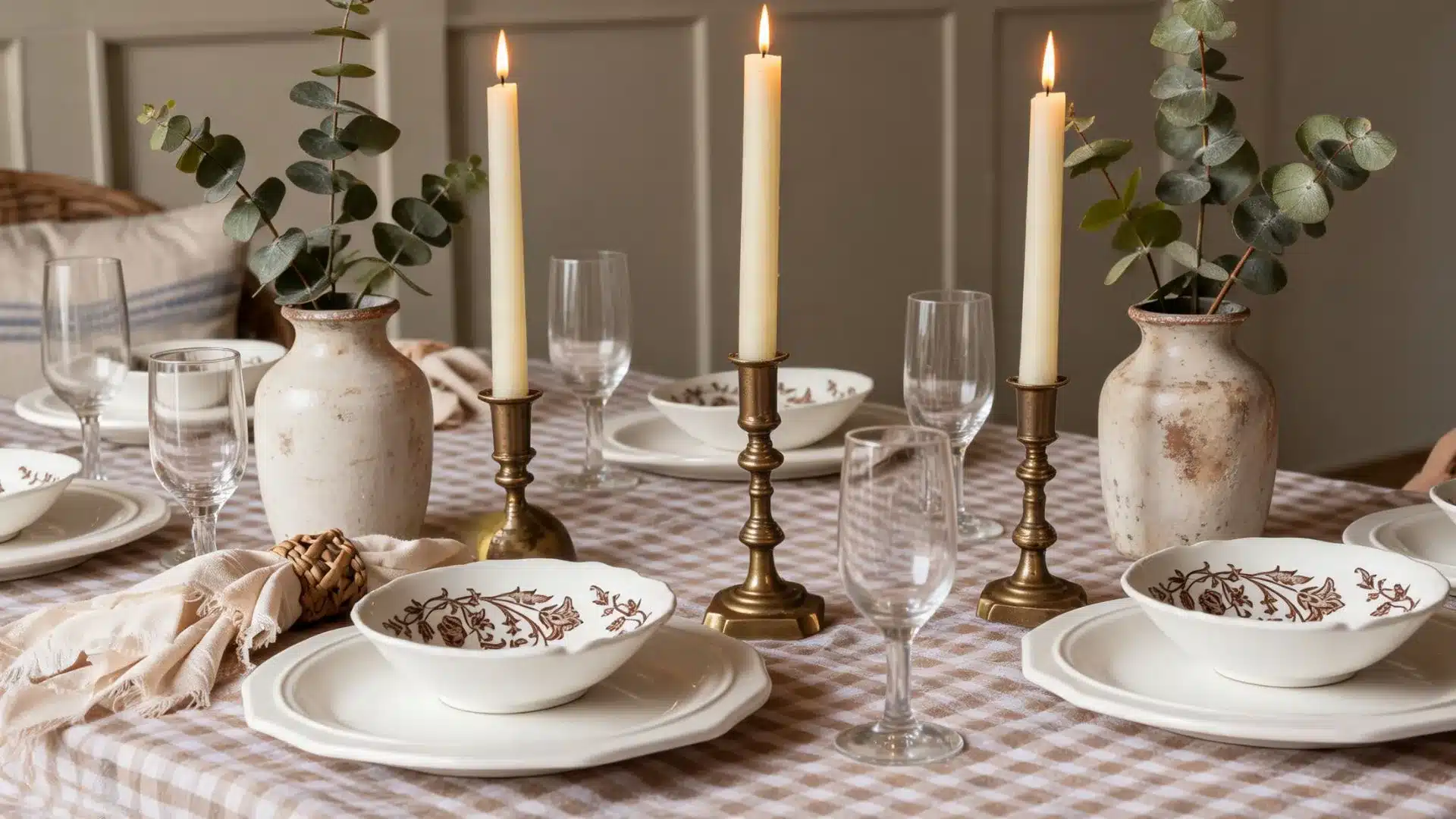 gingham tablecloth with brass candlesticks, patterned bowls, and eucalyptus in weathered vases