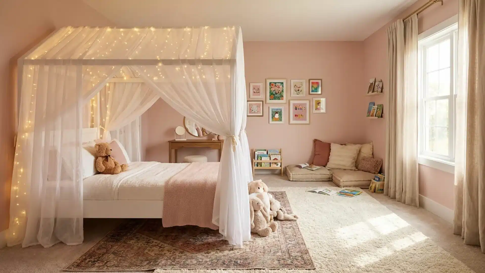 canopy bed with sheer curtains and string lights in a pink bedroom with a framed art wall