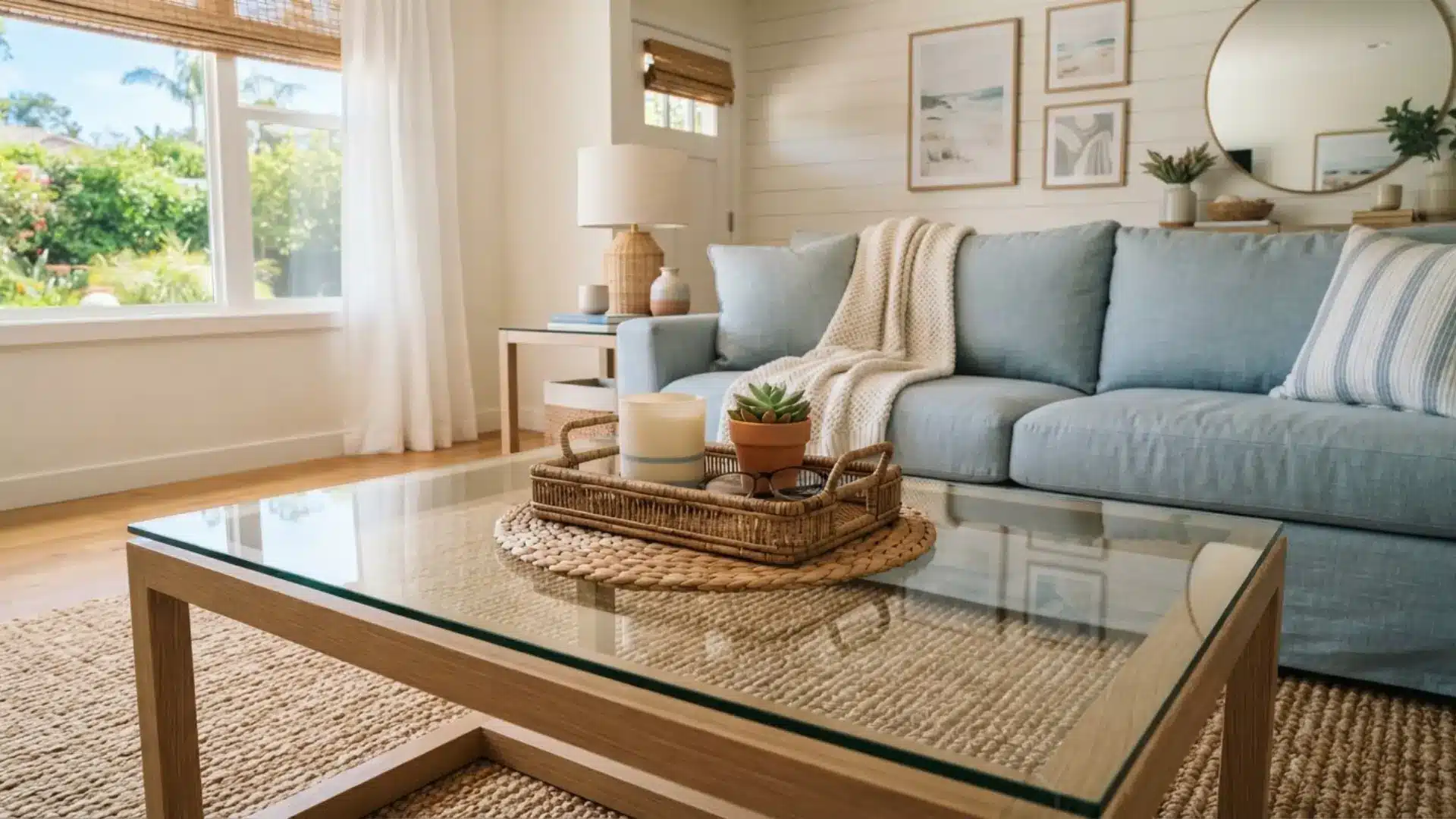 glass coffee table styled with a woven seagrass placemat base