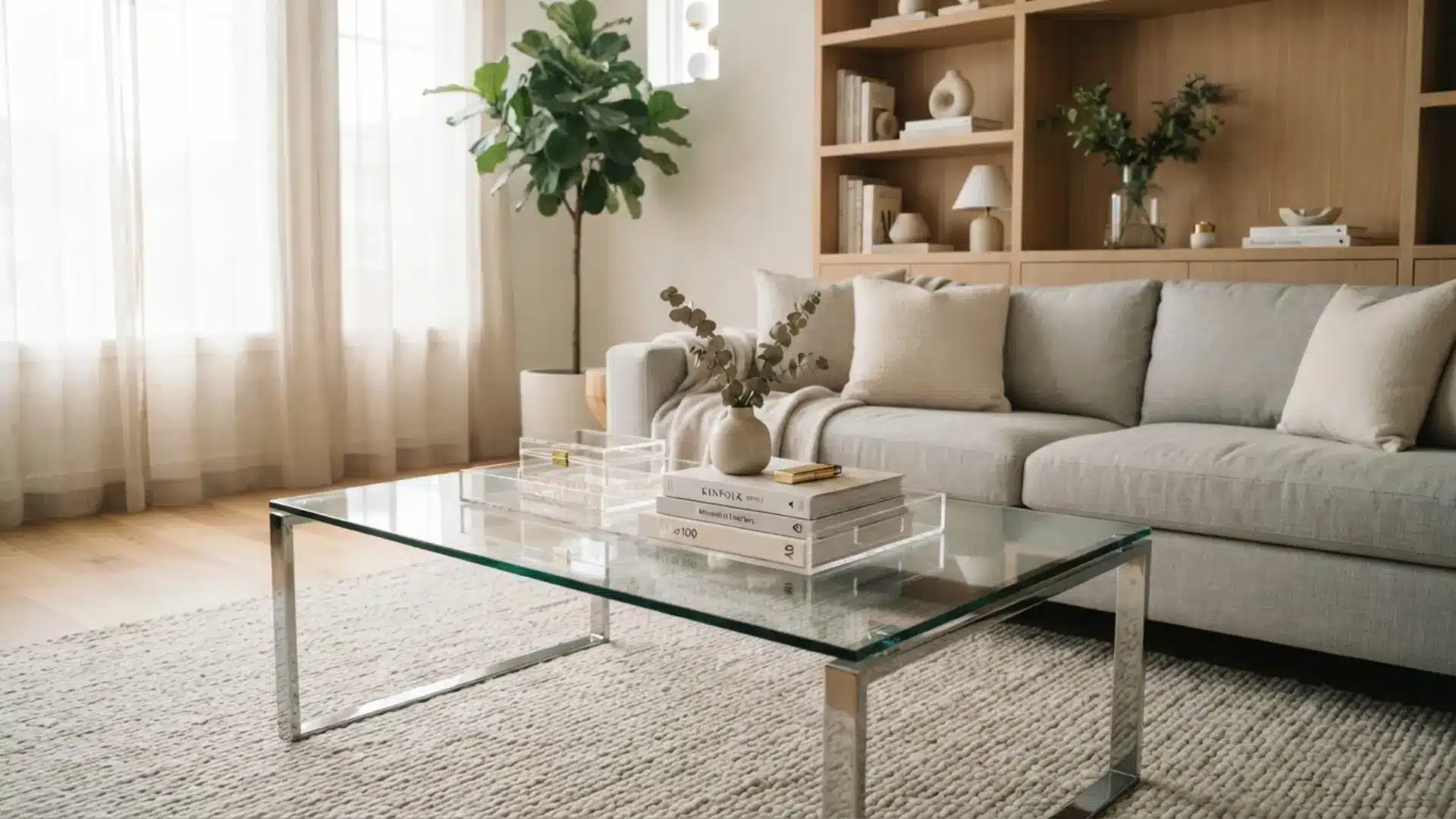 glass coffee table styled with acrylic tray and lucite box accents