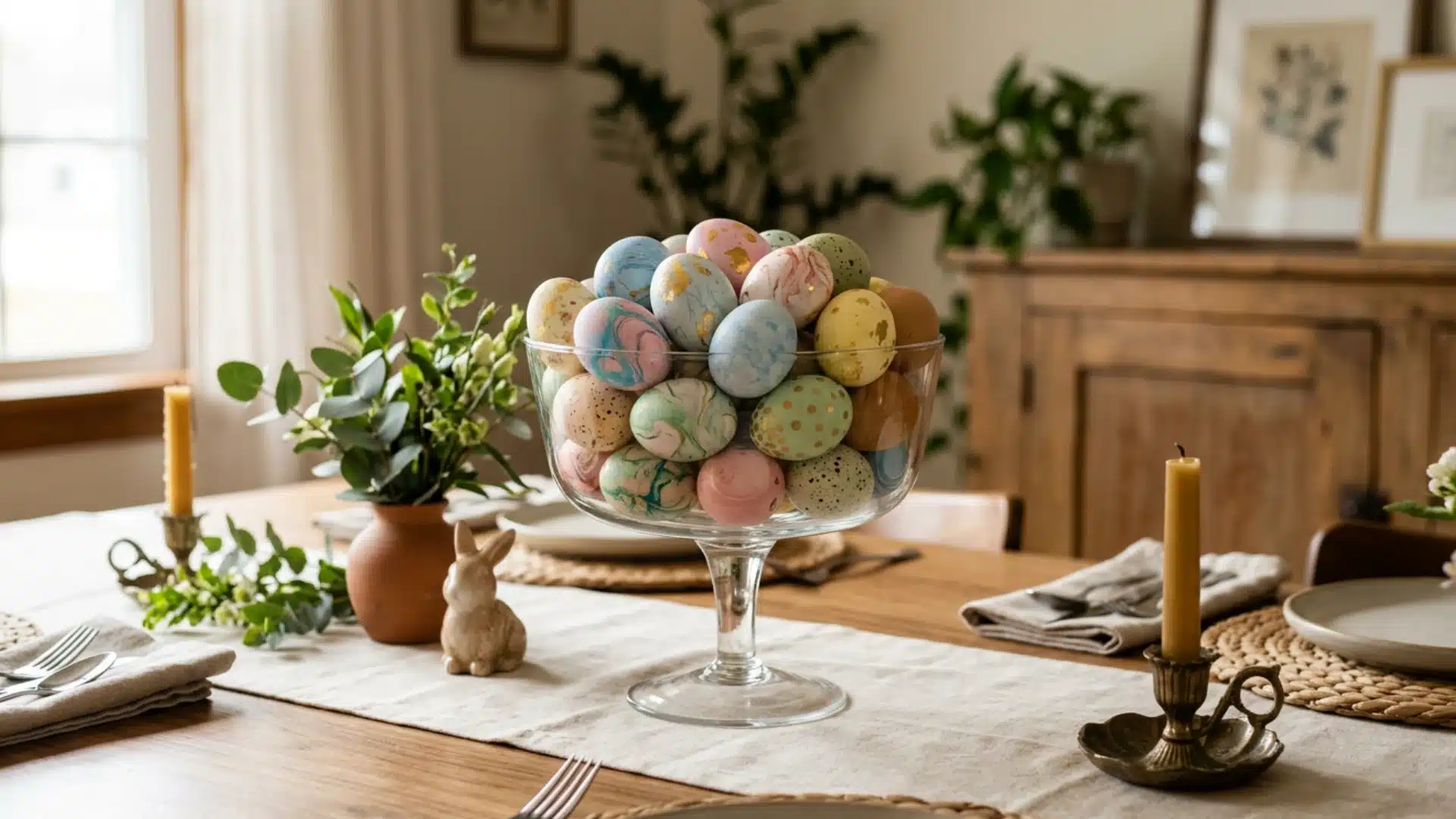 glass compote filled with painted marbled and speckled easter eggs