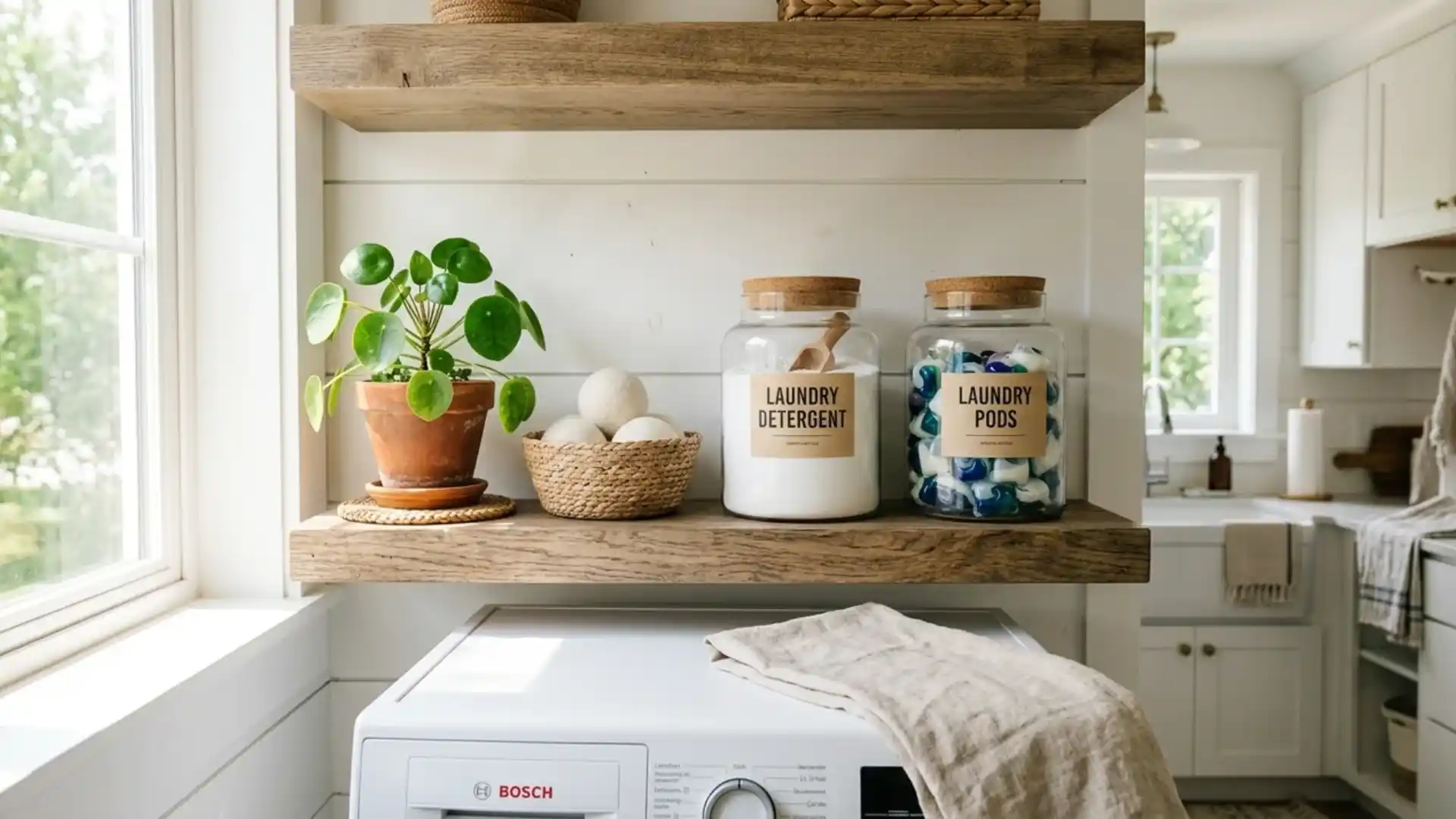 glass jars labeled laundry detergent and pods on a wood shelf above a bosch washing machine