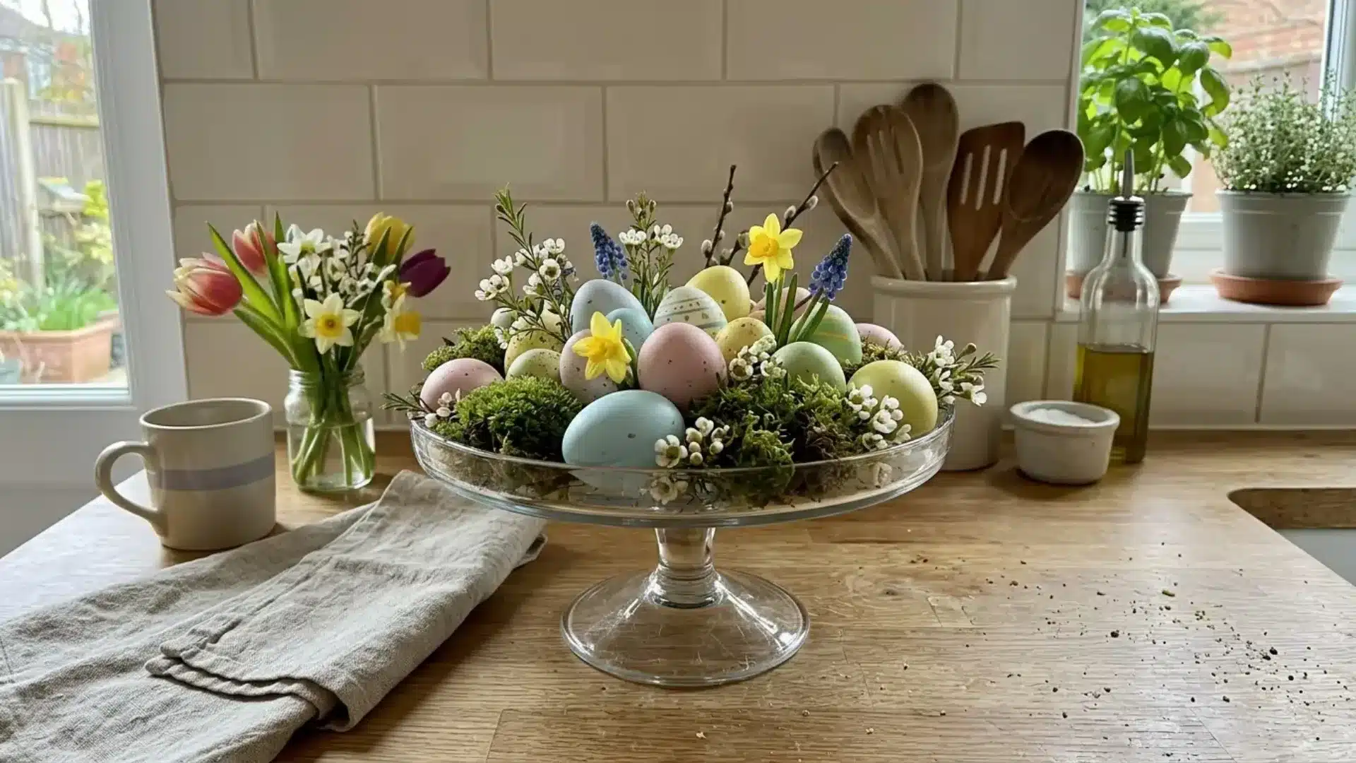 glass pedestal cake stand filled with pastel eggs moss and fresh spring flowers on a counter
